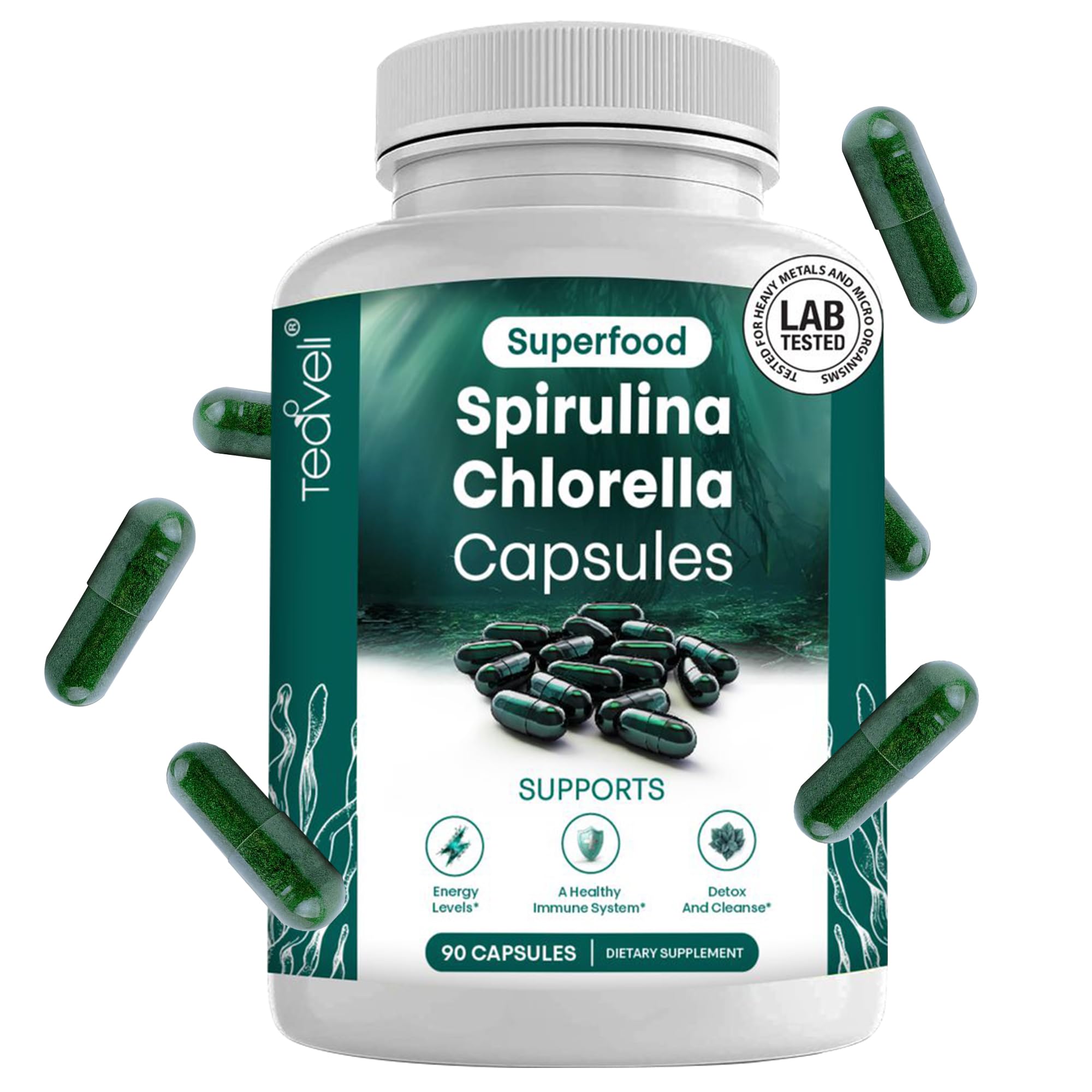 Teaveli Spirulina-Chlorella capsules bottle front for daily energy support.