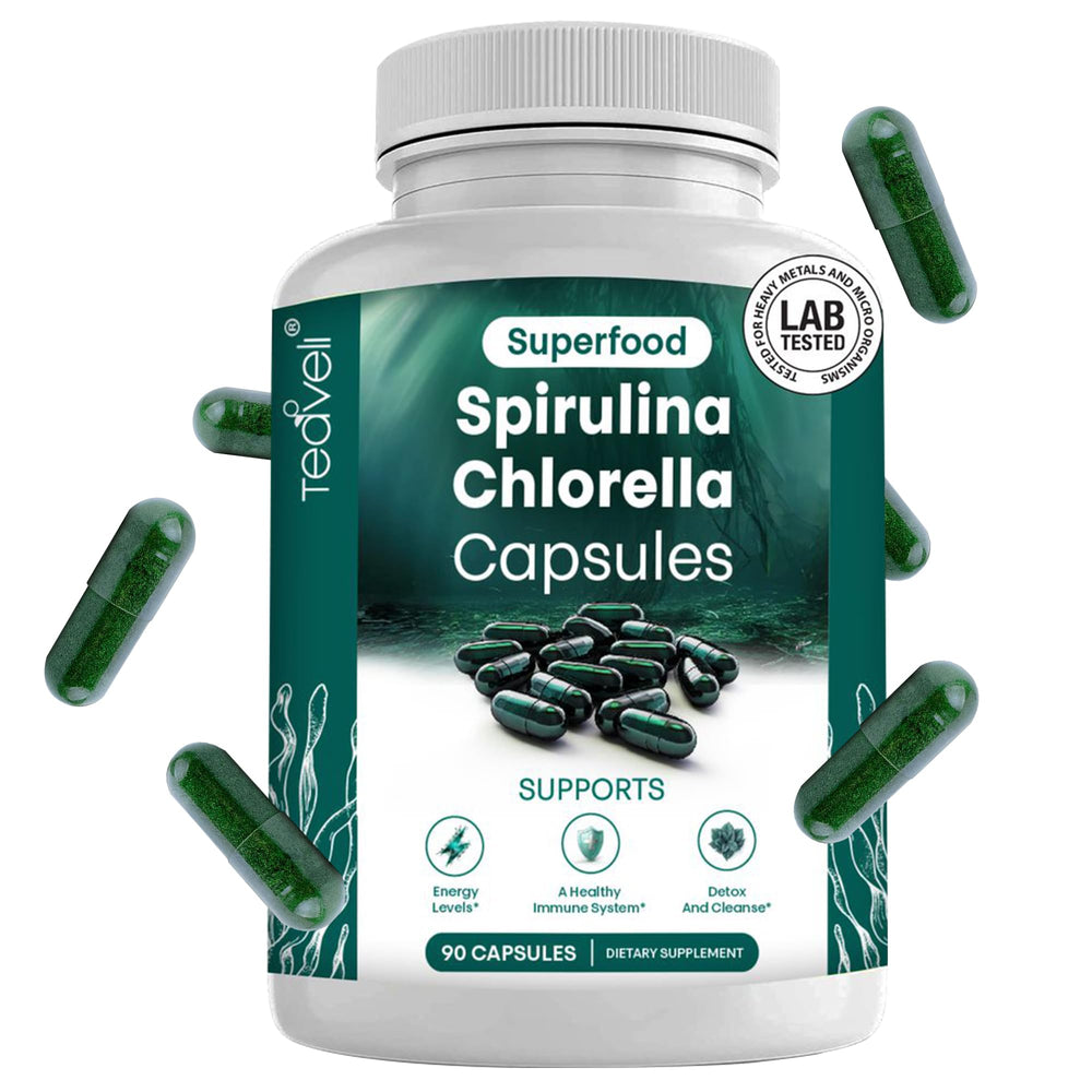 Teaveli Spirulina-Chlorella capsules bottle front for daily energy support.