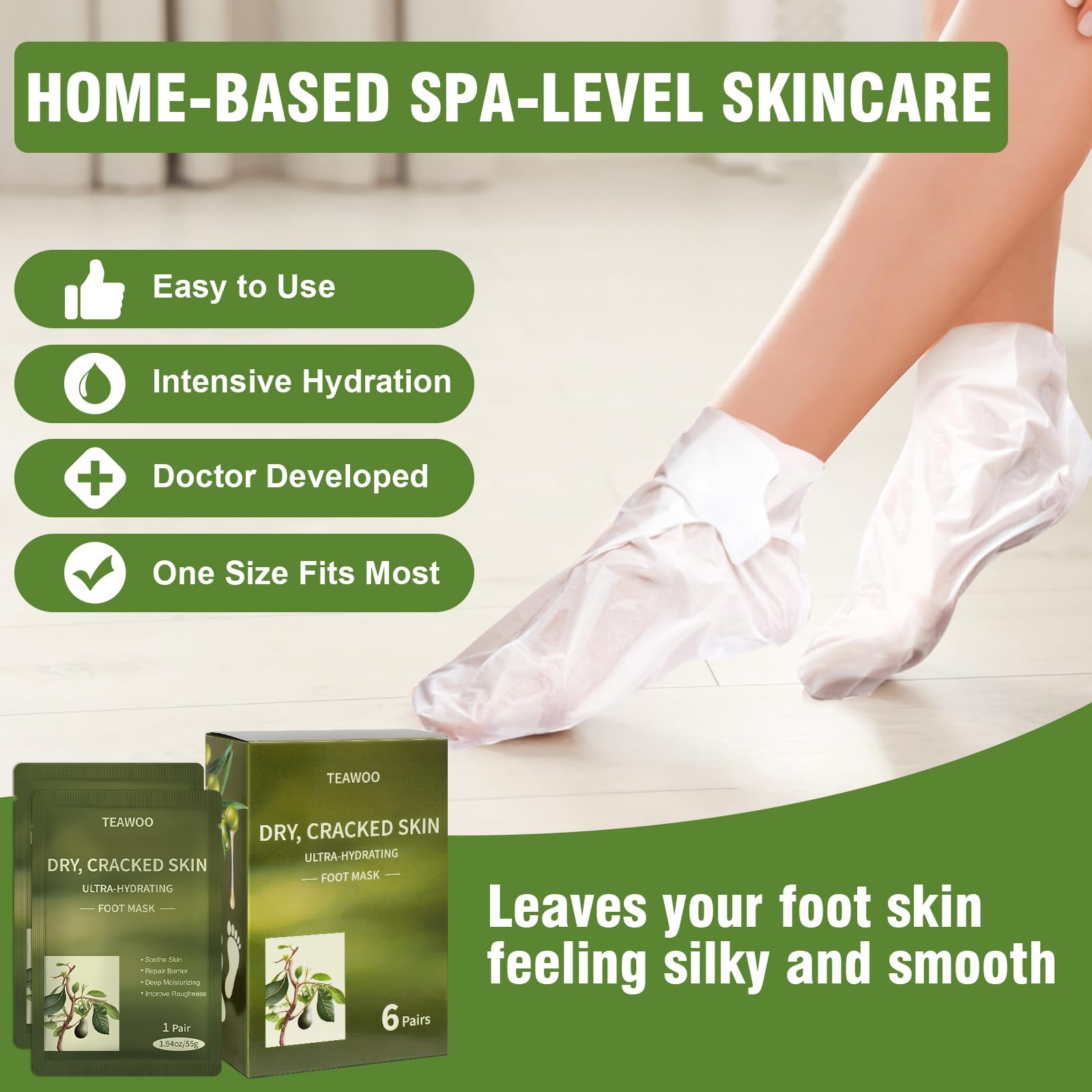 TEAWOO foot mask packaging close-up showing easy no-mess use.