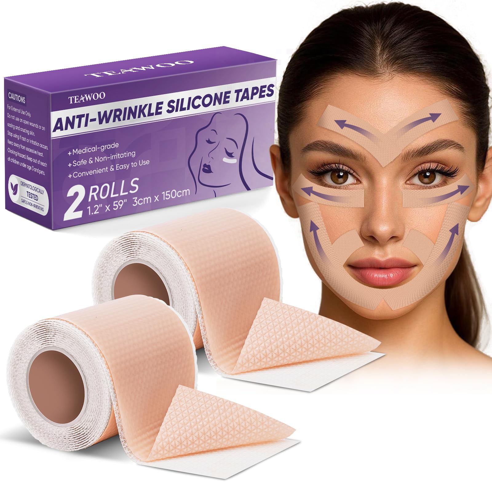 TEAWOO silicone tape on forehead wrinkles for smoother skin.