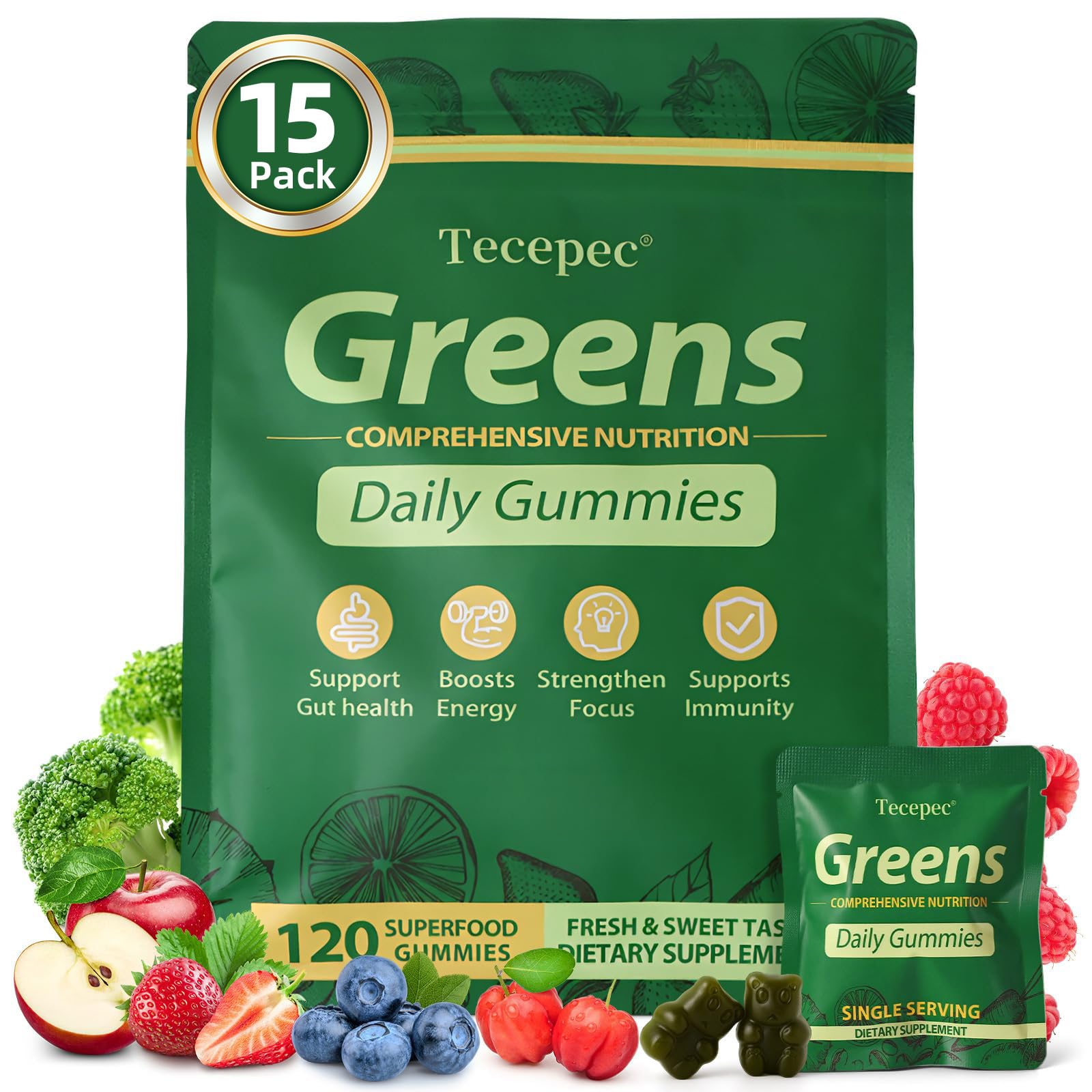 Tecepec Greens Daily Gummies bottle pour for on-the-go daily nutrition.