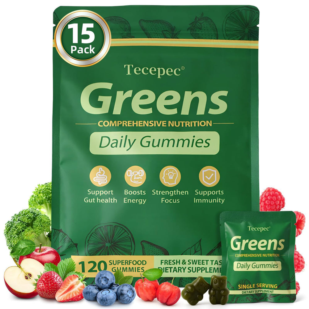 Tecepec Greens Daily Gummies bottle pour for on-the-go daily nutrition.