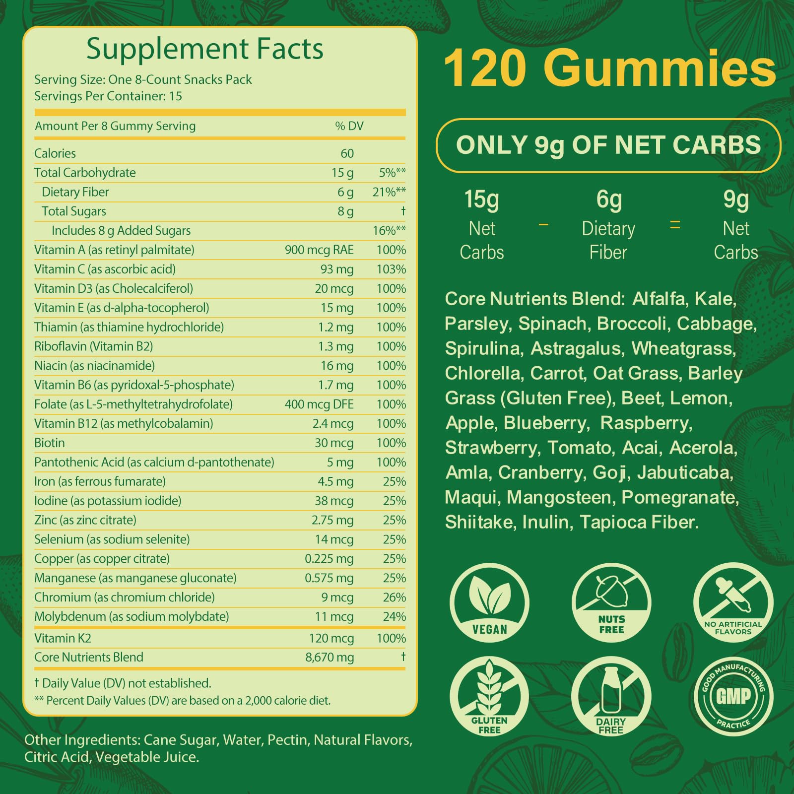 Ingredients highlight spirulina and chlorella for daily nutrient support.