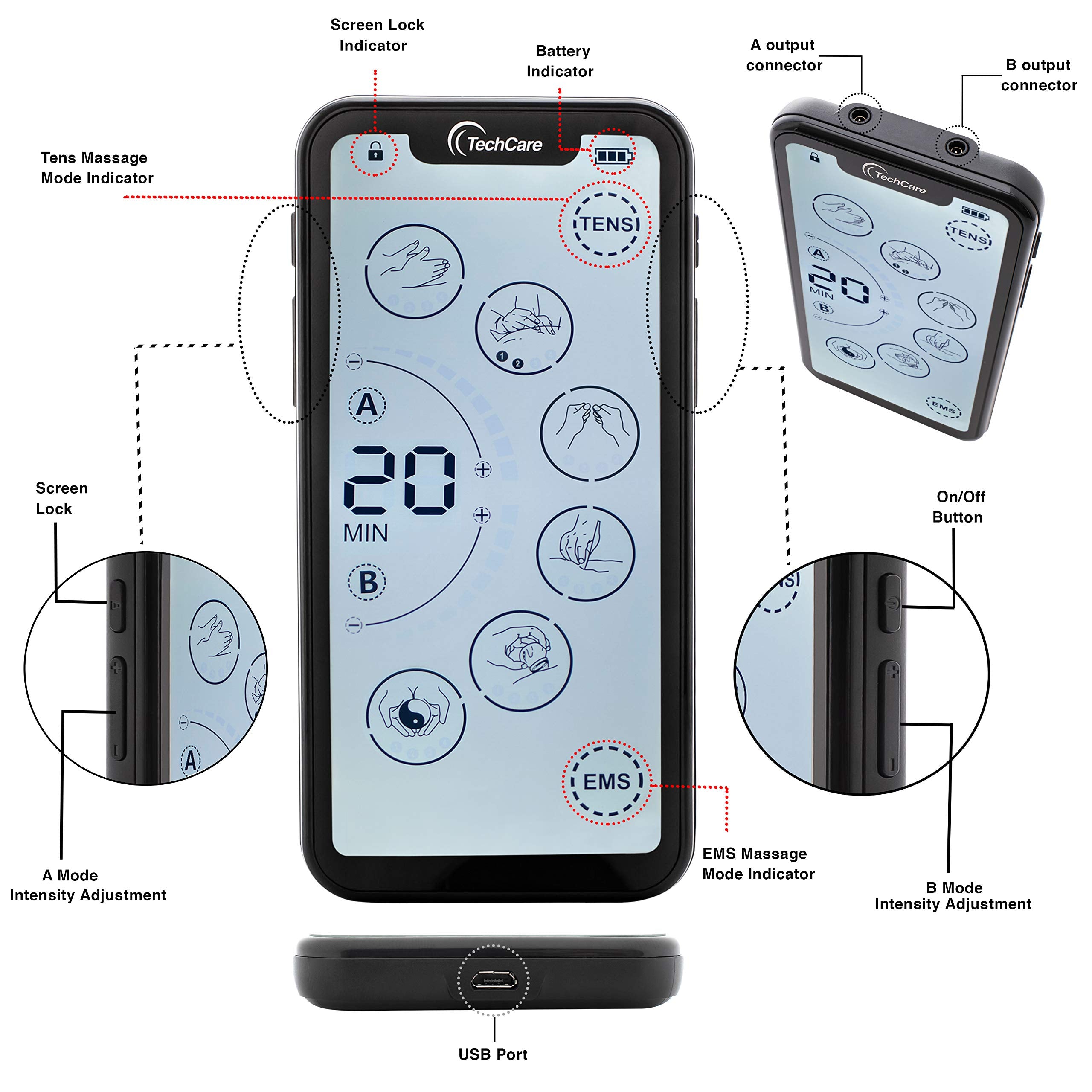 TechCare Massager 24 programs including kneading and tapping for versatile muscle comfort.