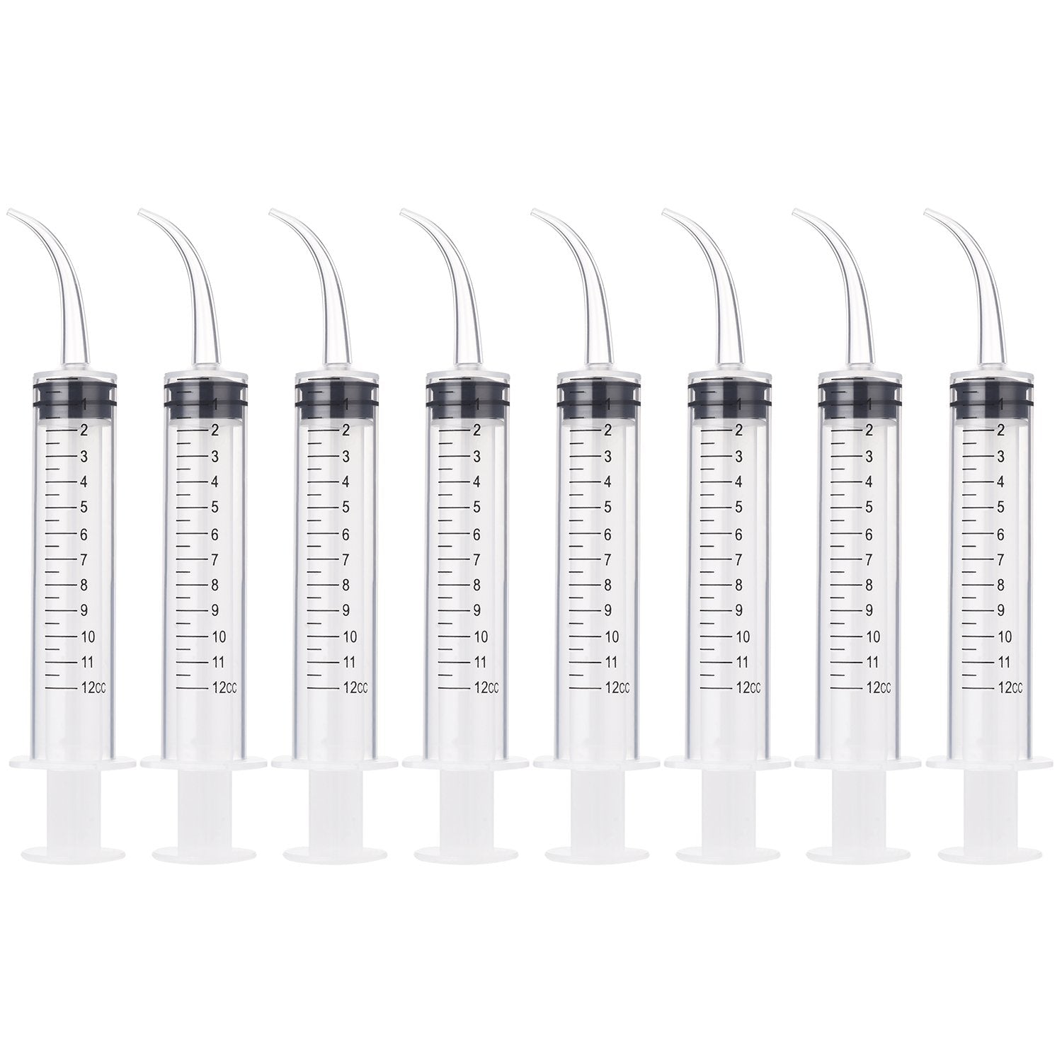 TecUnite 8-pack syringe with curved tip reaching tight dental spaces for irrigation.