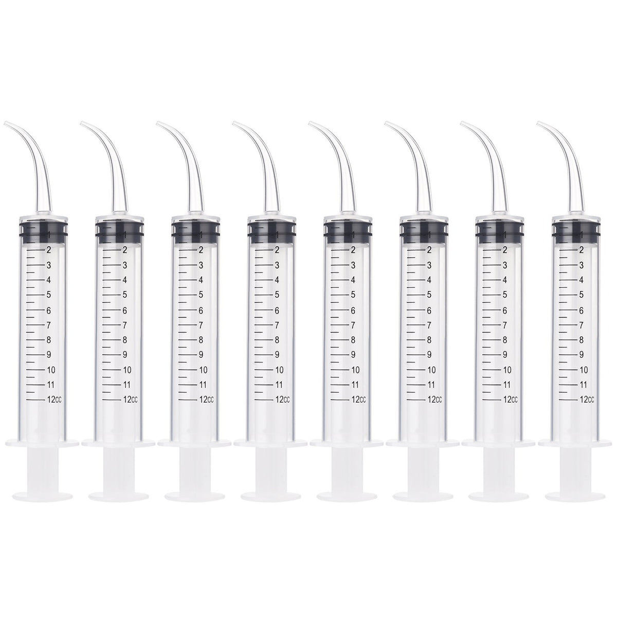 TecUnite 8-pack syringe with curved tip reaching tight dental spaces for irrigation.