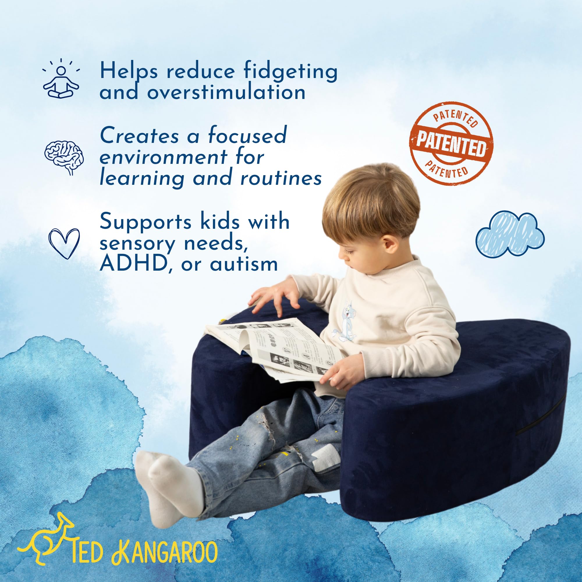 TED KANGAROO Sensory Soft Squeeze Seat portable classroom seating for focus and calming breaks.
