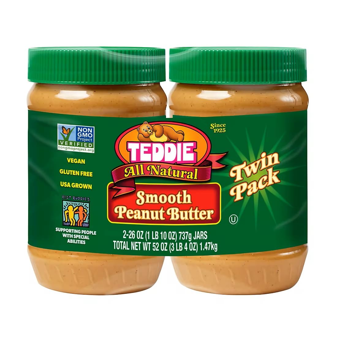 Teddie Smooth Peanut Butter 2-pack jar front showing creamy texture for quick snacks.