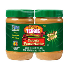Teddie Smooth Peanut Butter 2-pack jar front showing creamy texture for quick snacks.