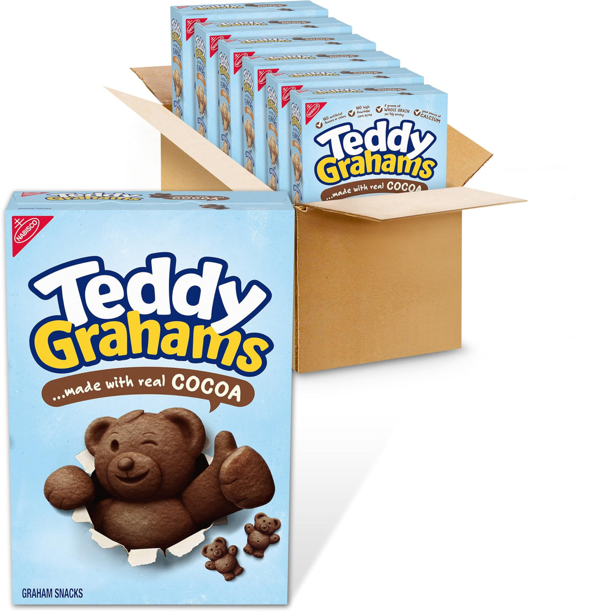 Teddy Grahams Chocolate snacks in a 6-pack box, ideal for lunchboxes and on-the-go.