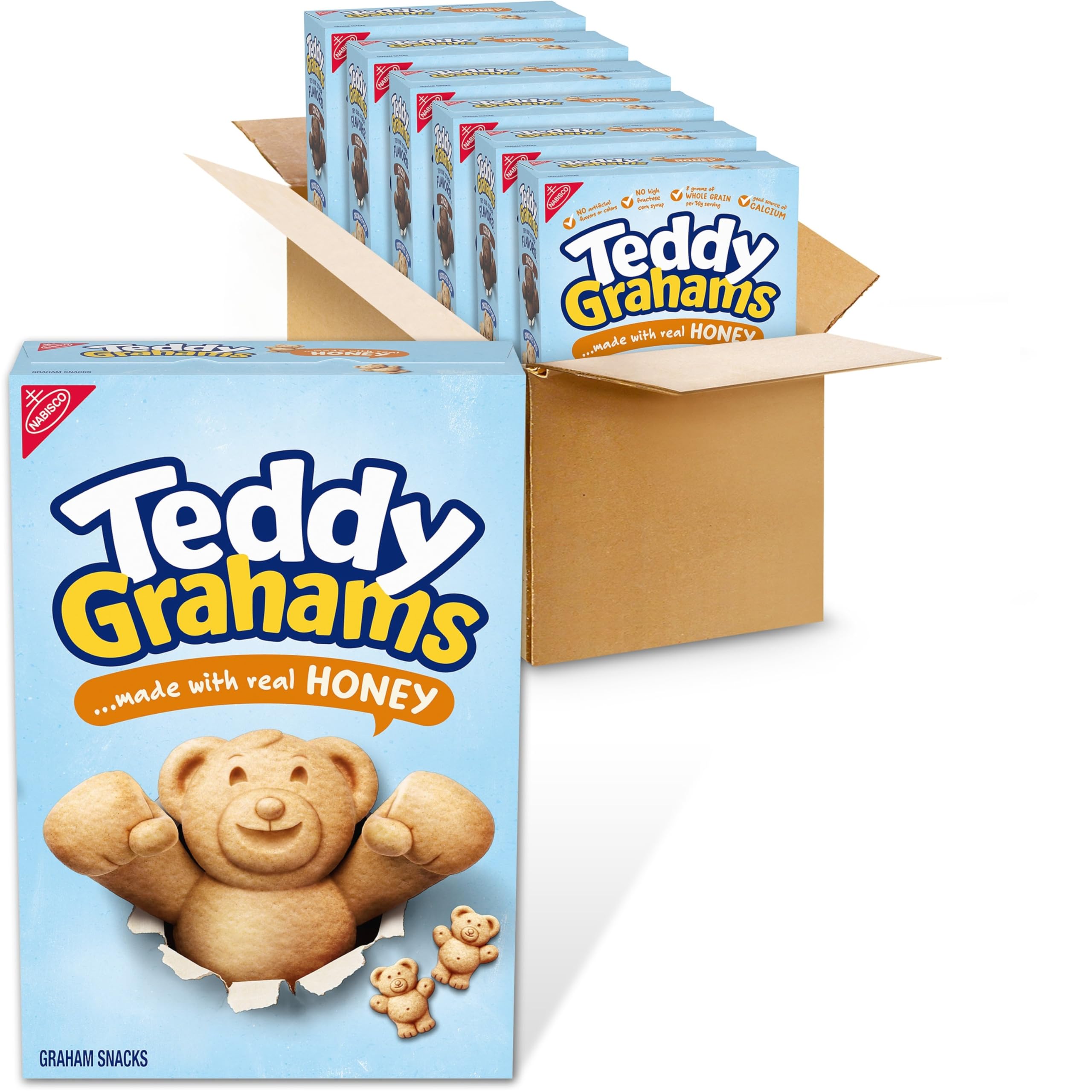 Teddy Grahams Honey six-box pack ready for family snacking.