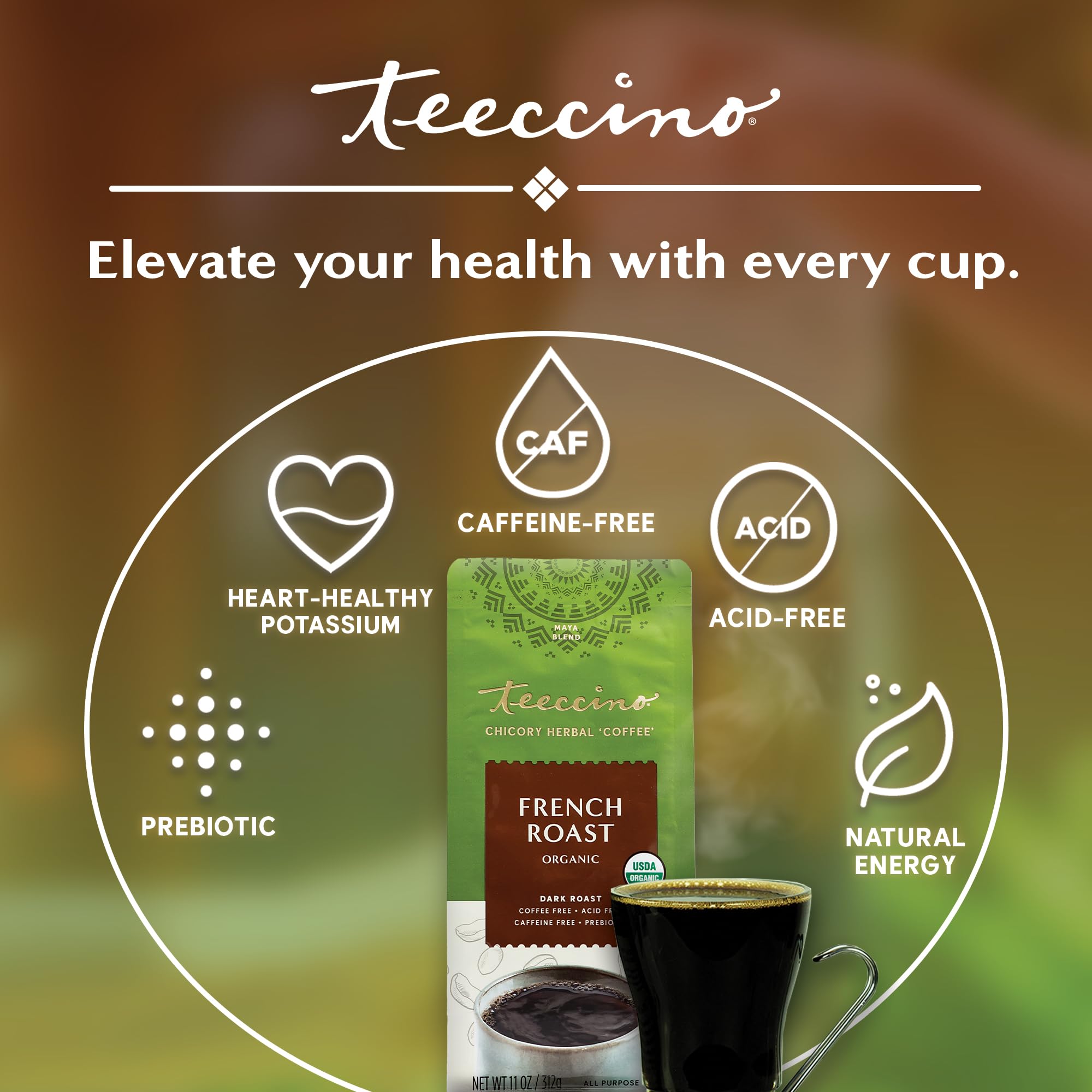 Teeccino caffeine-free energy without stimulants, any time of day.