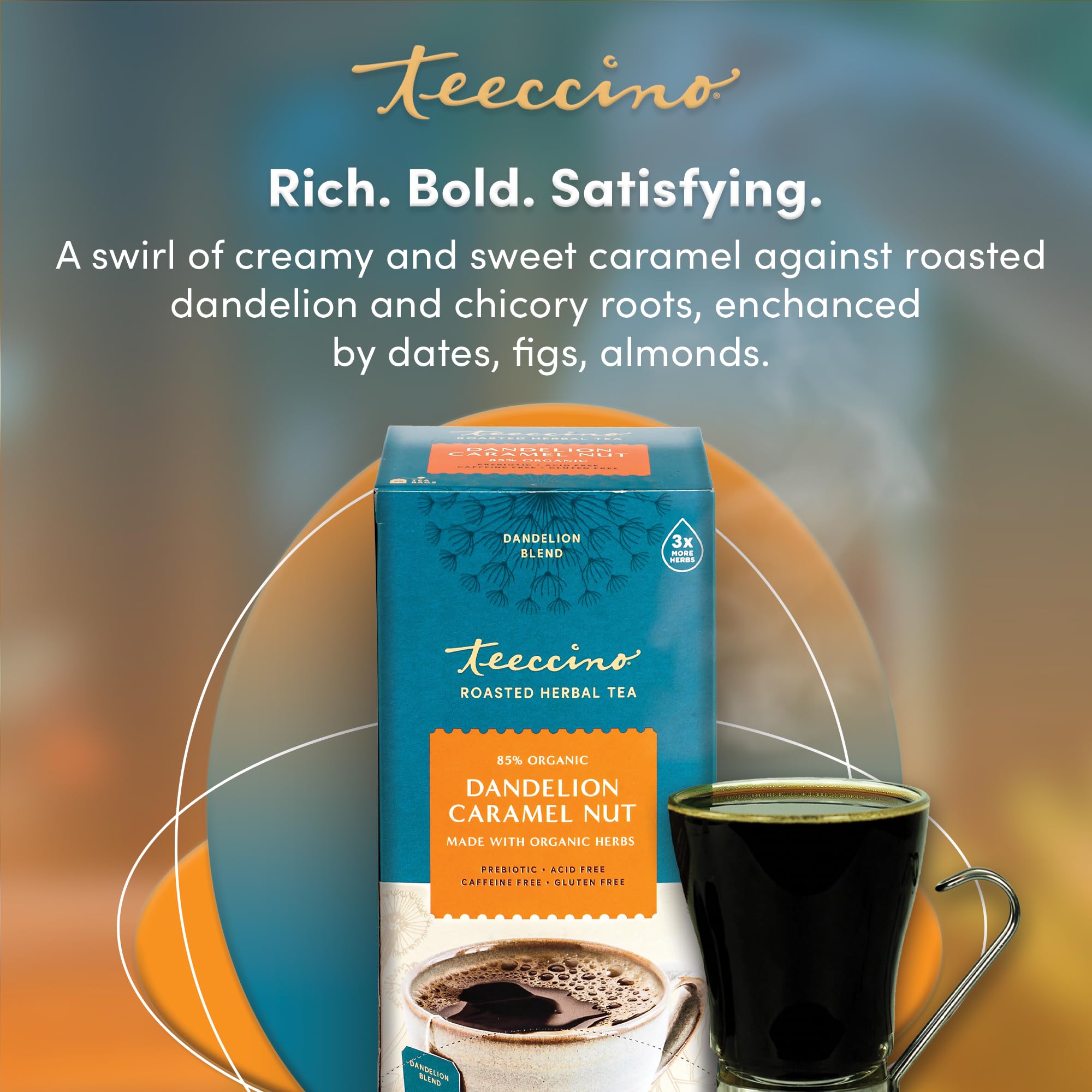 Teeccino Dandelion Caramel Nut Tea latte-style preparation with milk foam
