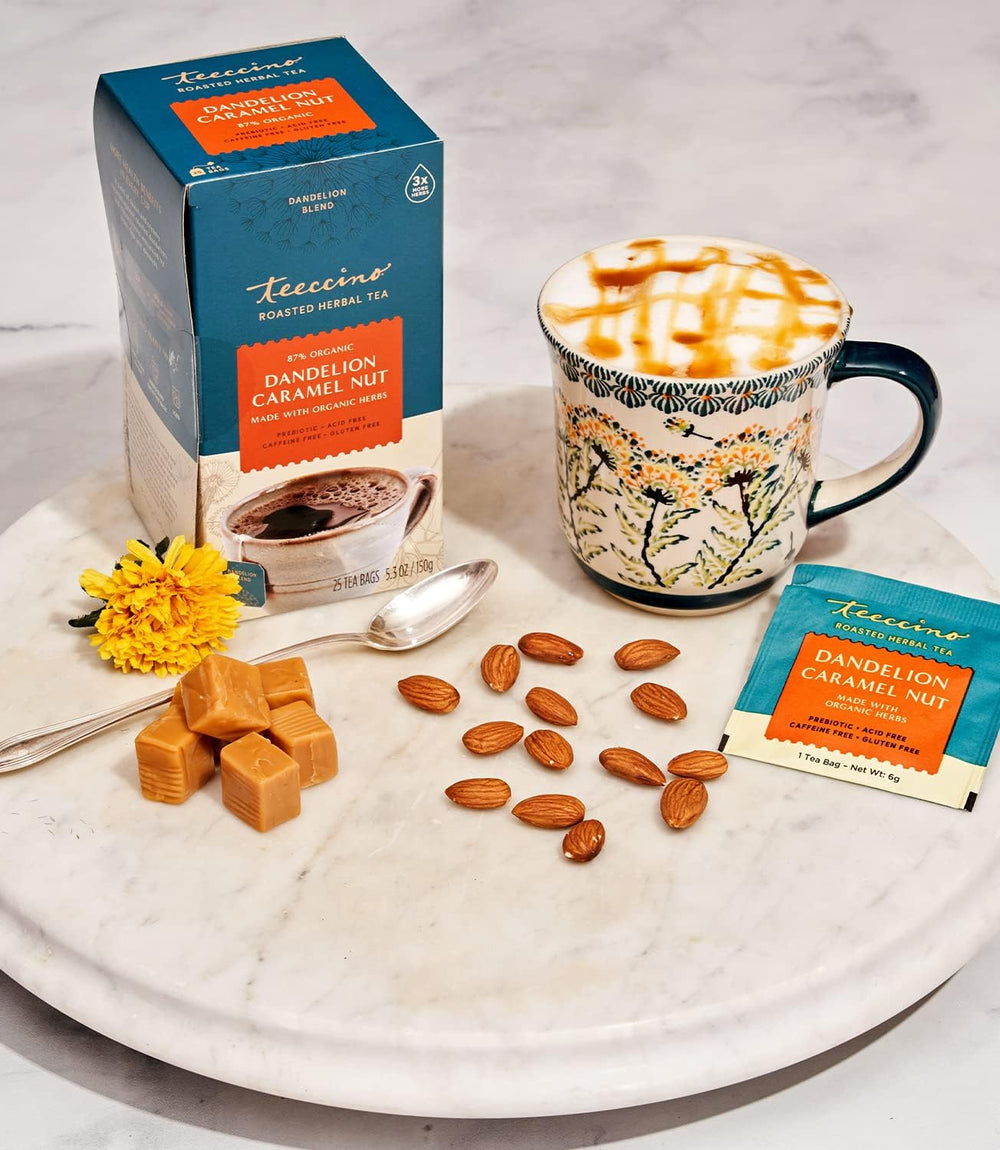Teeccino Dandelion Caramel Nut Tea tea bag close-up showing triple‑herb blend