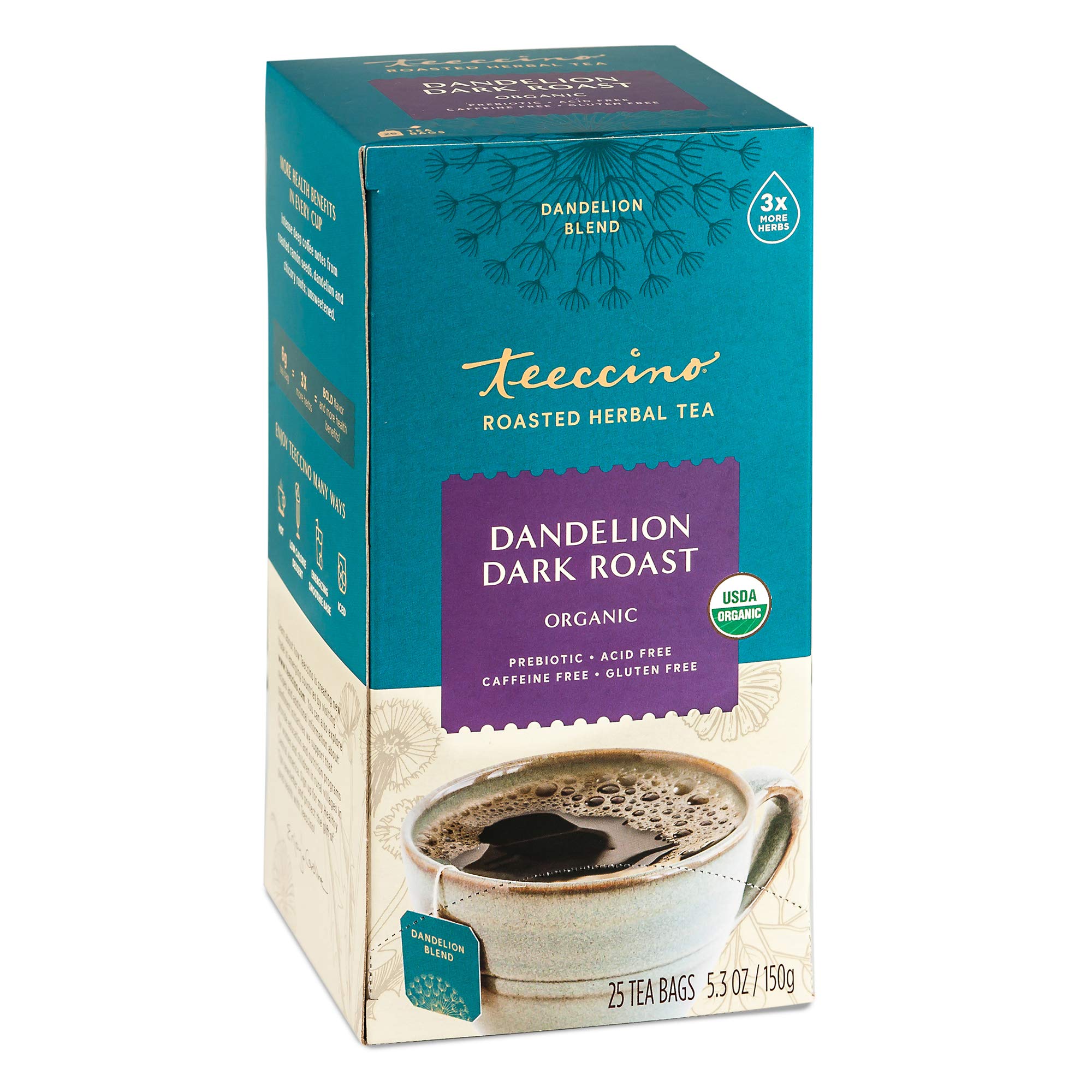 Teeccino Dandelion Tea dark roast box showing caffeine-free coffee-like aroma