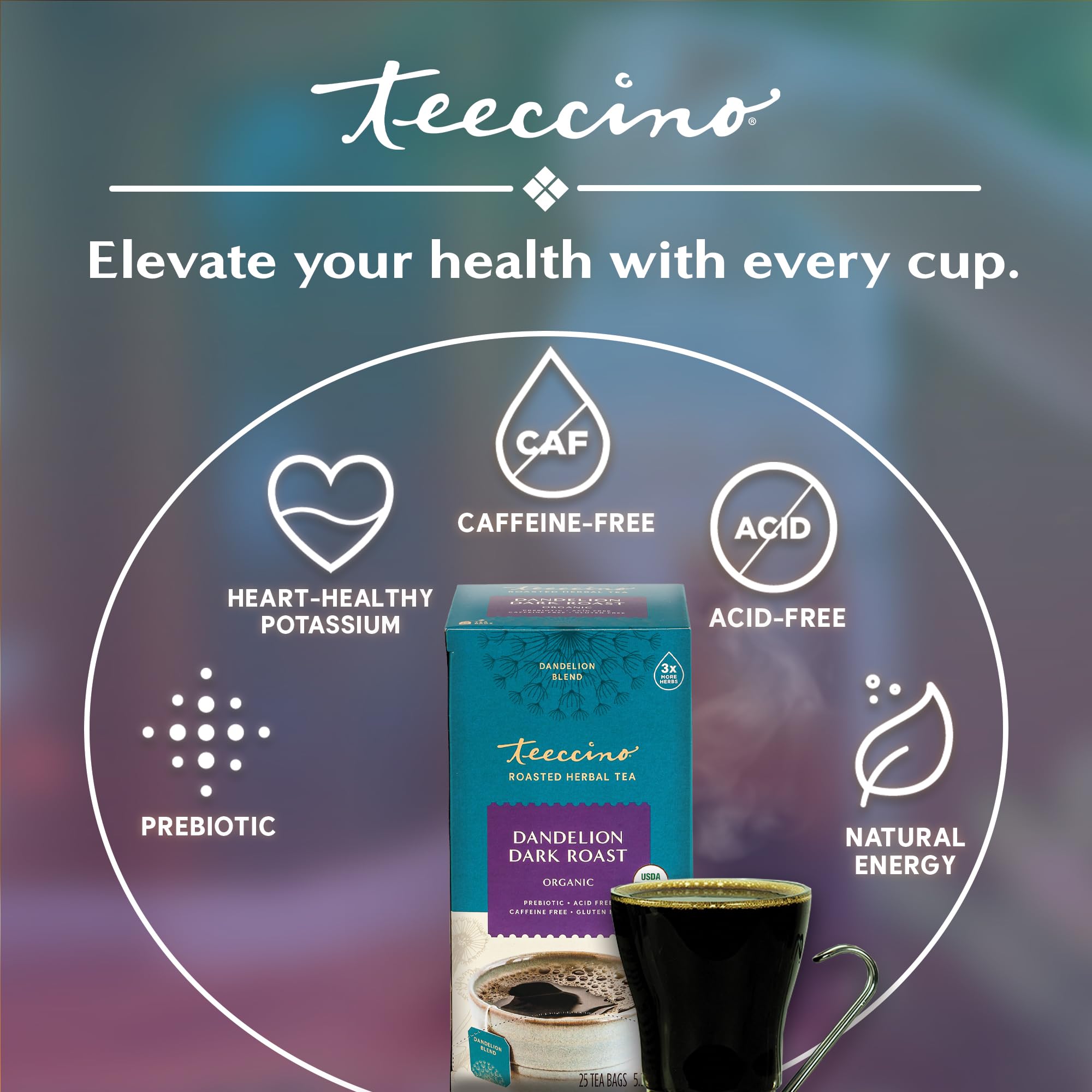 Hot or iced Teeccino Dandelion Tea ready to brew and enjoy
