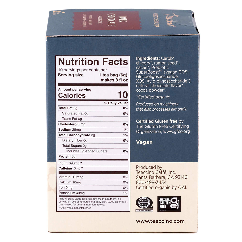 Close-up of cacao and herbs in Teeccino for premium taste.