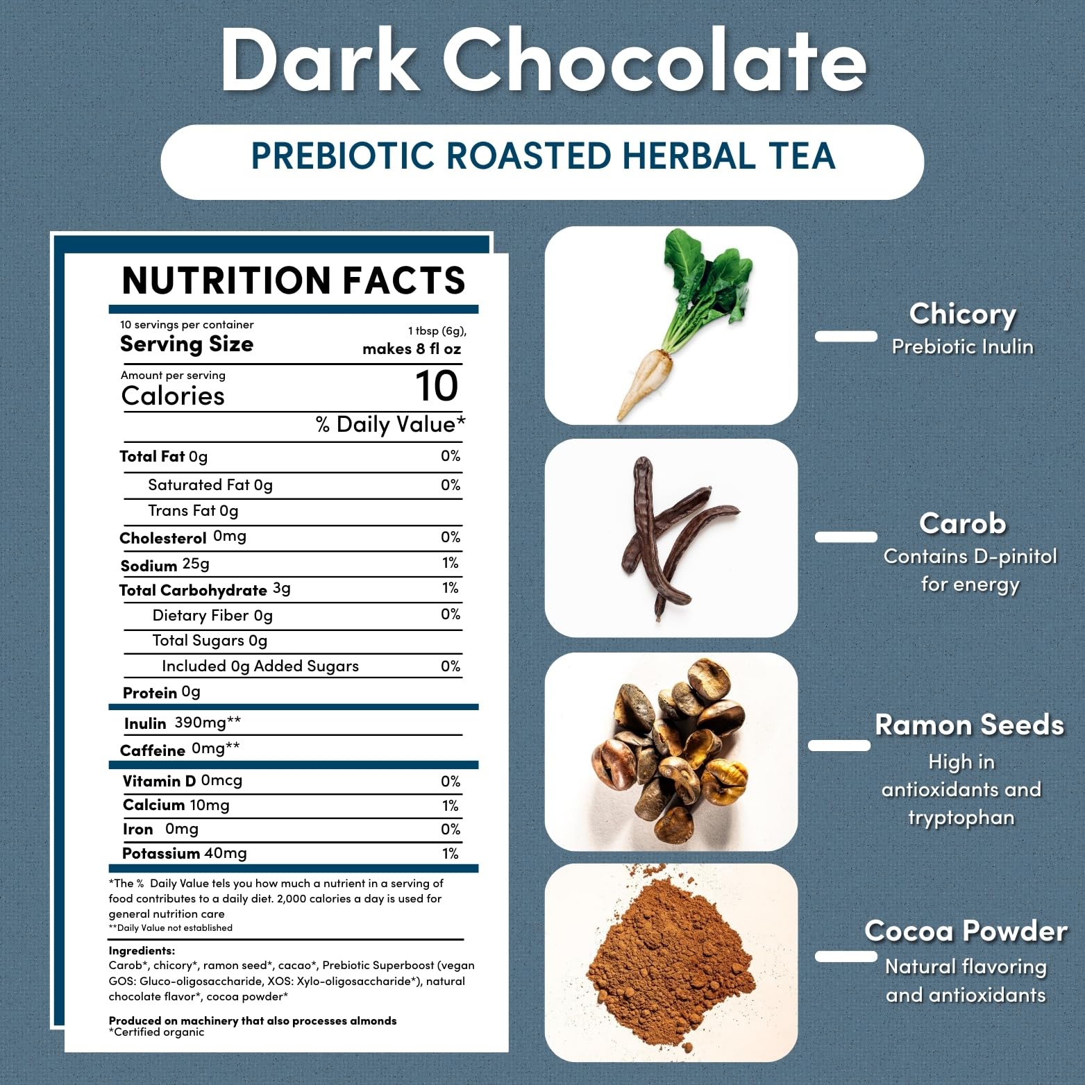 Teeccino Dark Chocolate hot brew showing rich cacao flavor.