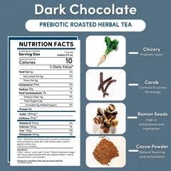 Teeccino Dark Chocolate hot brew showing rich cacao flavor.