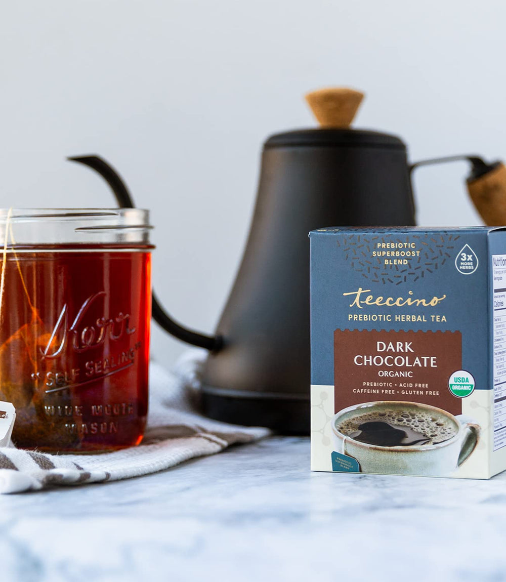 Front packaging of Teeccino Dark Chocolate with organic herbs.