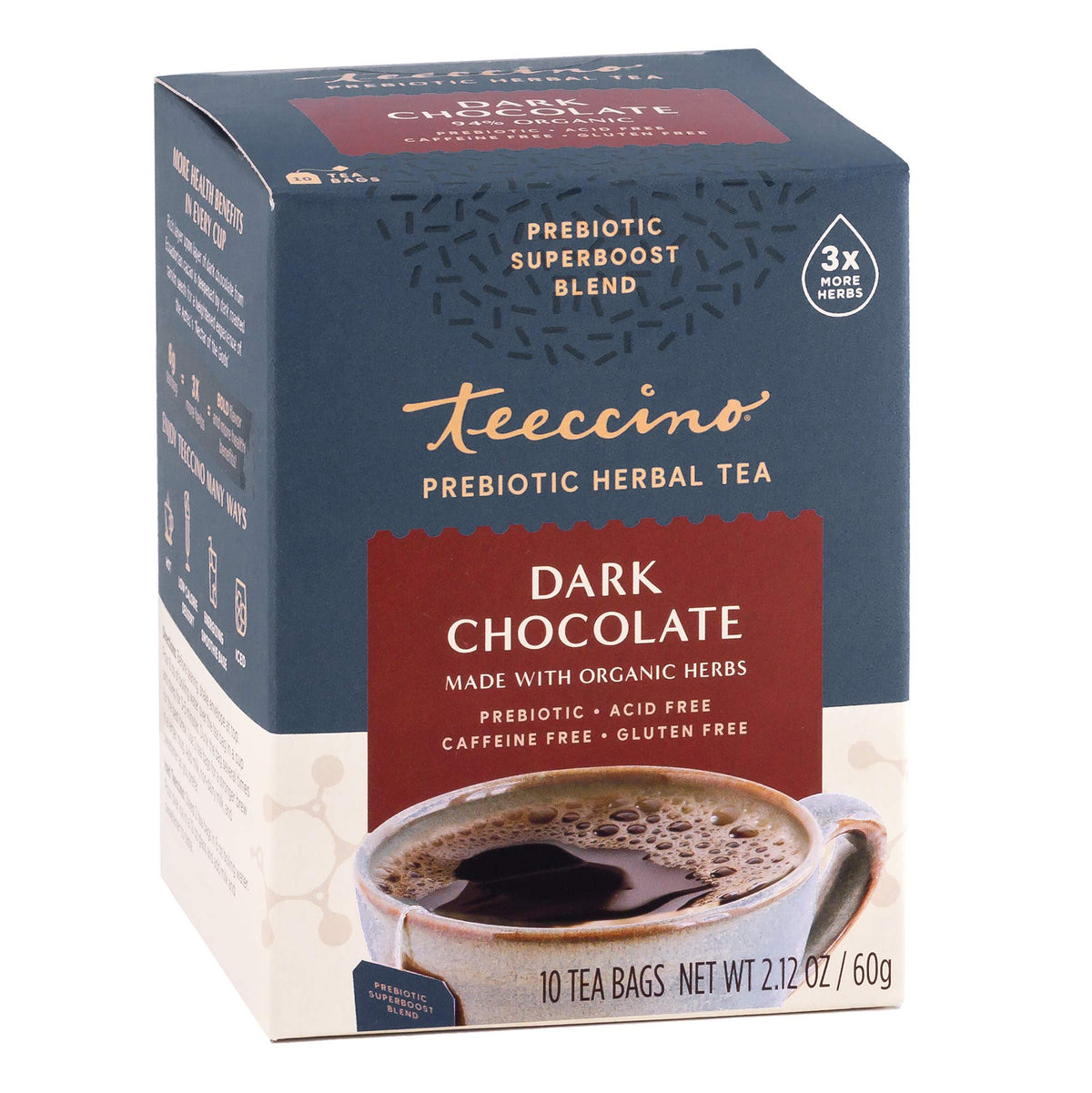 Teeccino Dark Chocolate tea bags ready for a comforting daily ritual.