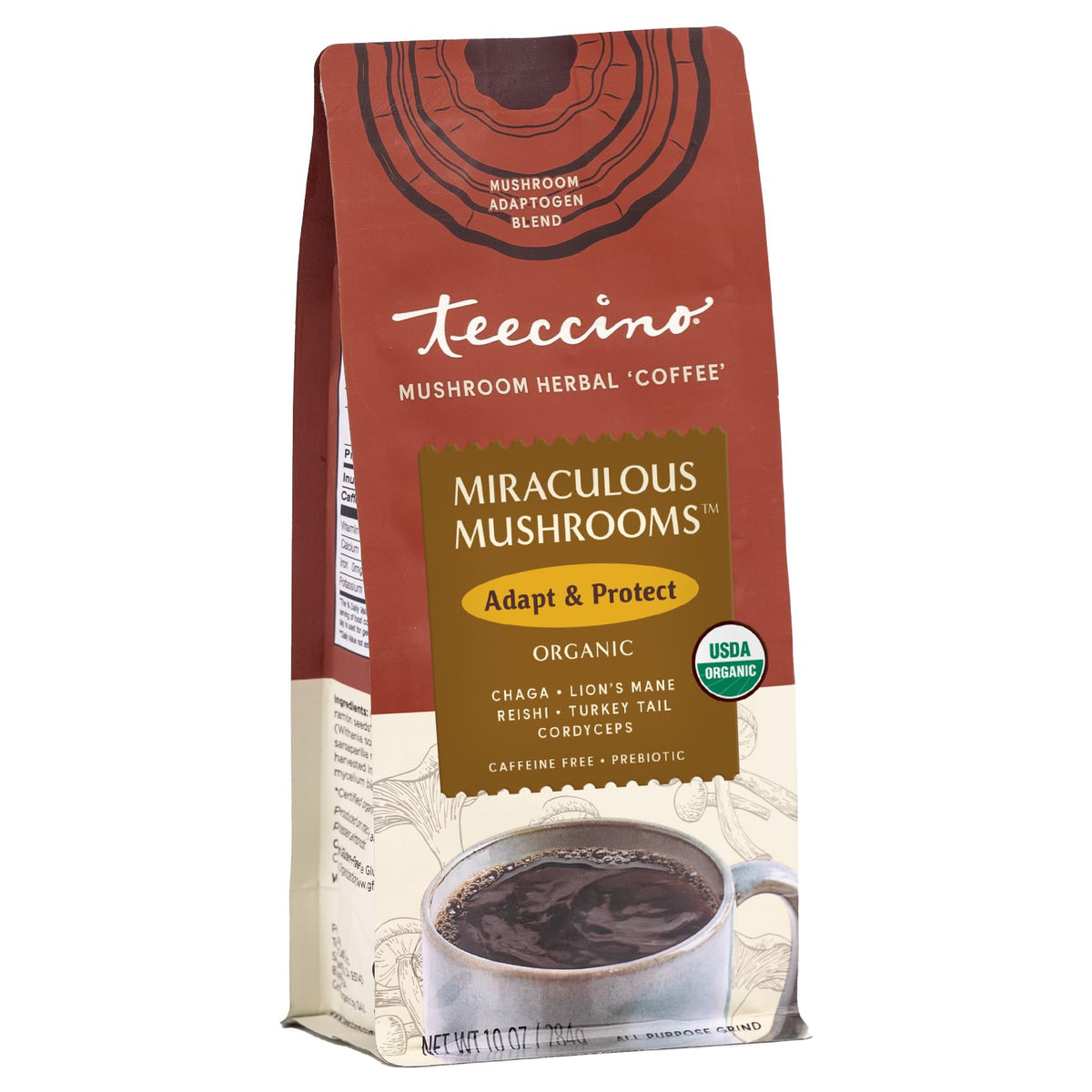 Teeccino Miraculous Mushrooms all-purpose grind for easy coffee maker brewing.