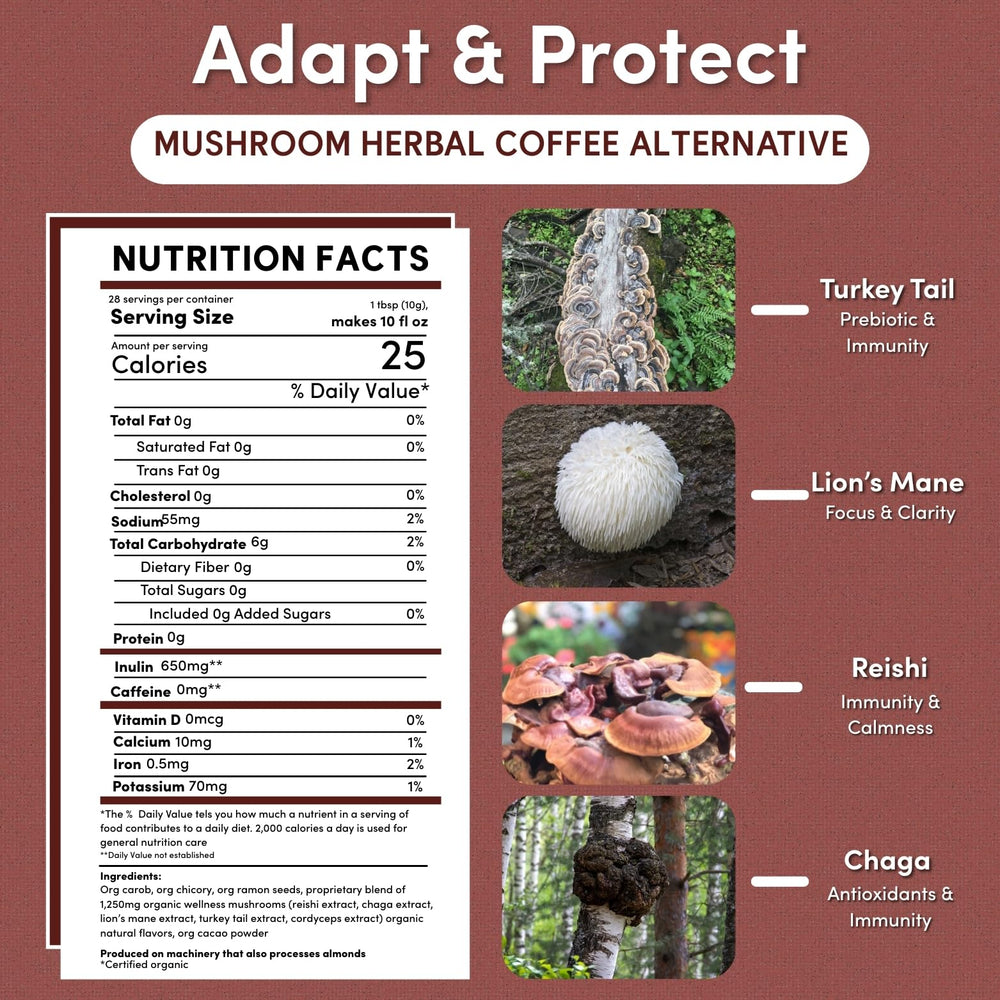 Teeccino Miraculous Mushrooms cacao-chicory blend delivers mocha flavor without caffeine.