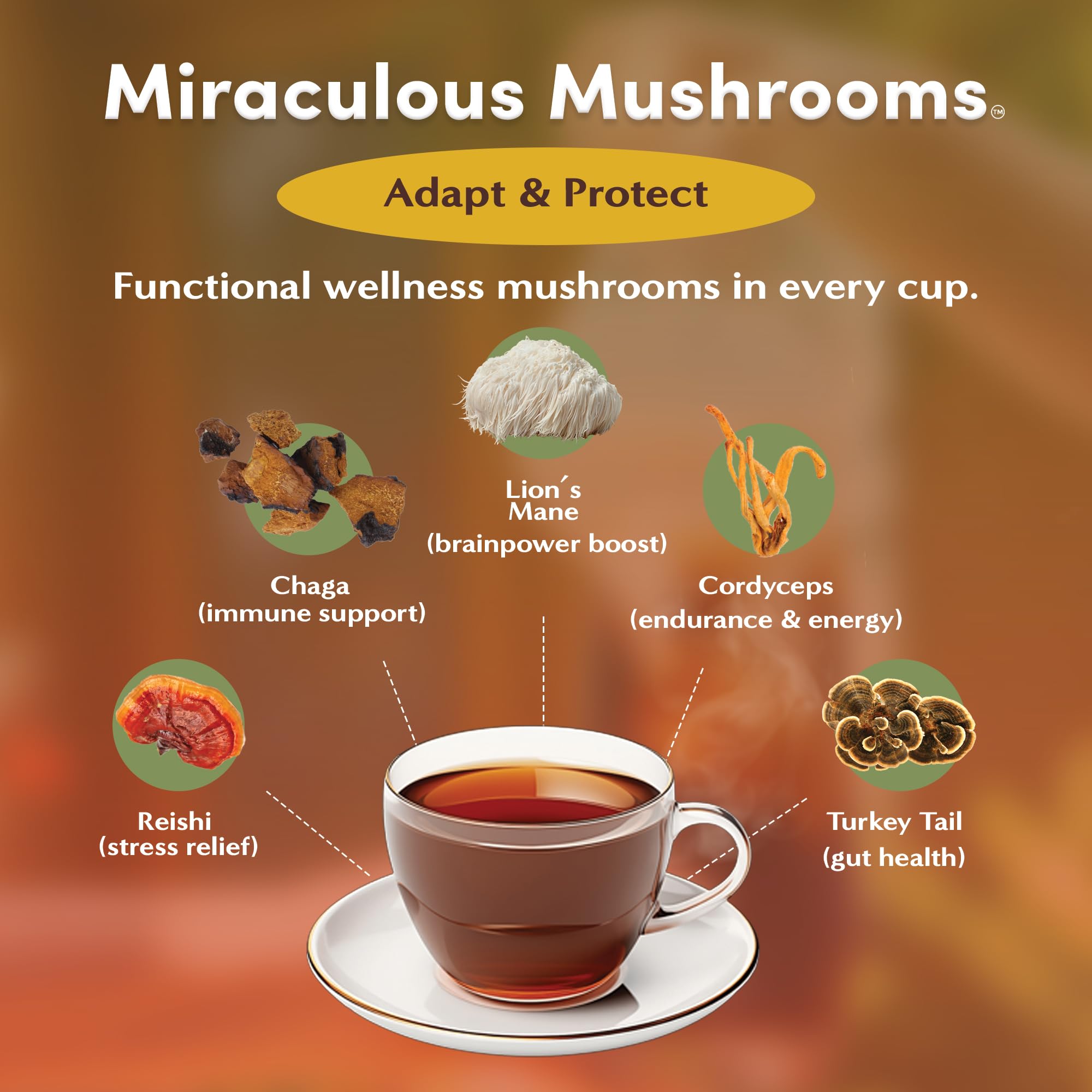 Teeccino Miraculous Mushrooms caffeine-free cup ready for hot or iced beverages.