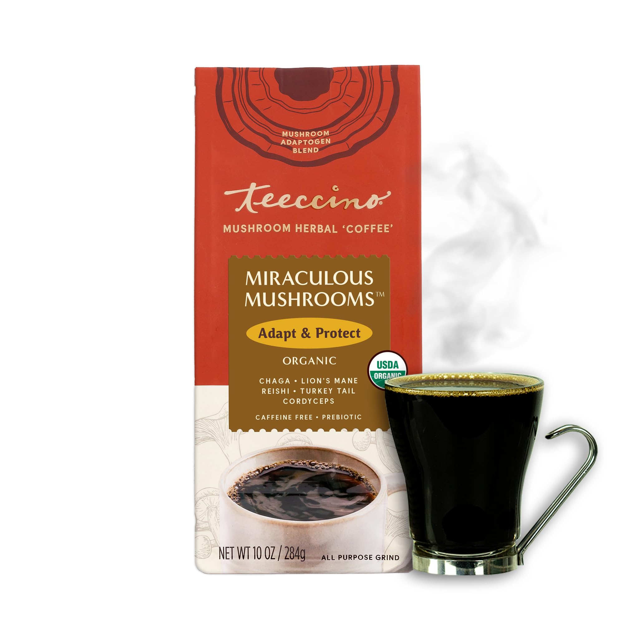 Teeccino Miraculous Mushrooms kitchen-friendly grind for hot or iced drinks.