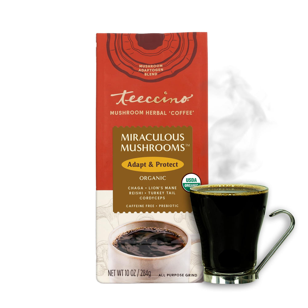 Teeccino Miraculous Mushrooms kitchen-friendly grind for hot or iced drinks.