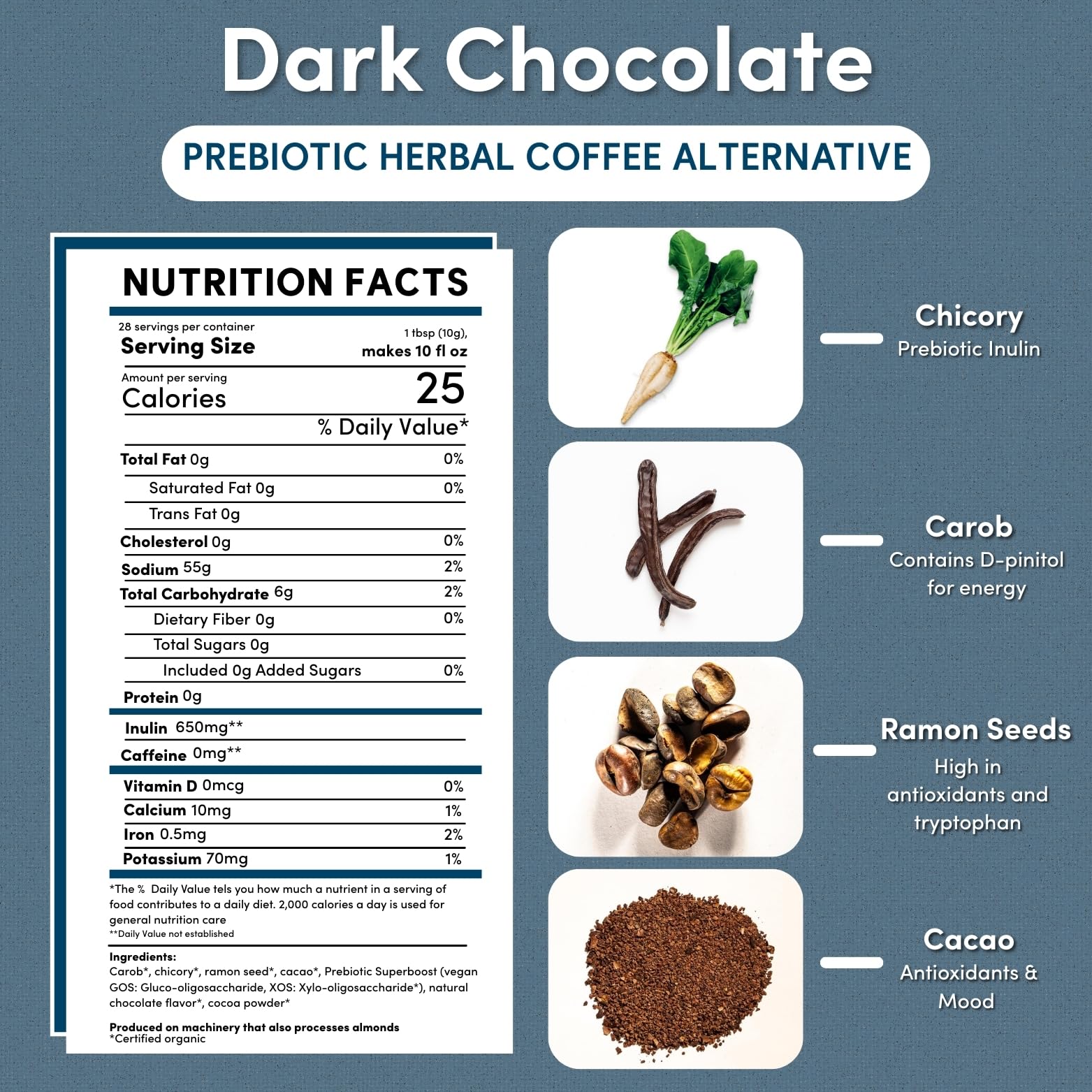 Teeccino vegan prebiotics chicory root blend highlighting gut-friendly fiber.