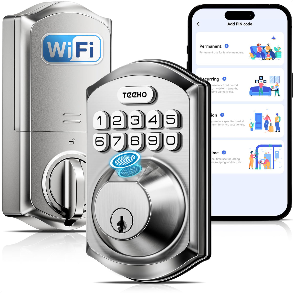 TEEHO TE012W WiFi Smart Lock on a front door showing sleek satin nickel finish and modern keypad.