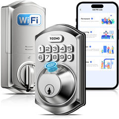 TEEHO TE012W WiFi Smart Lock on a front door showing sleek satin nickel finish and modern keypad.