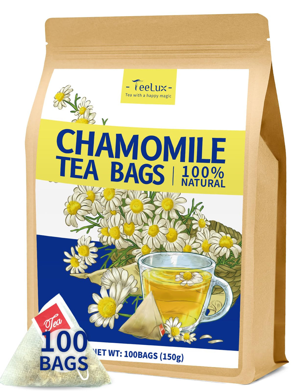 TeeLux Chamomile tea bag in a cup, offering a calming, caffeine-free moment.