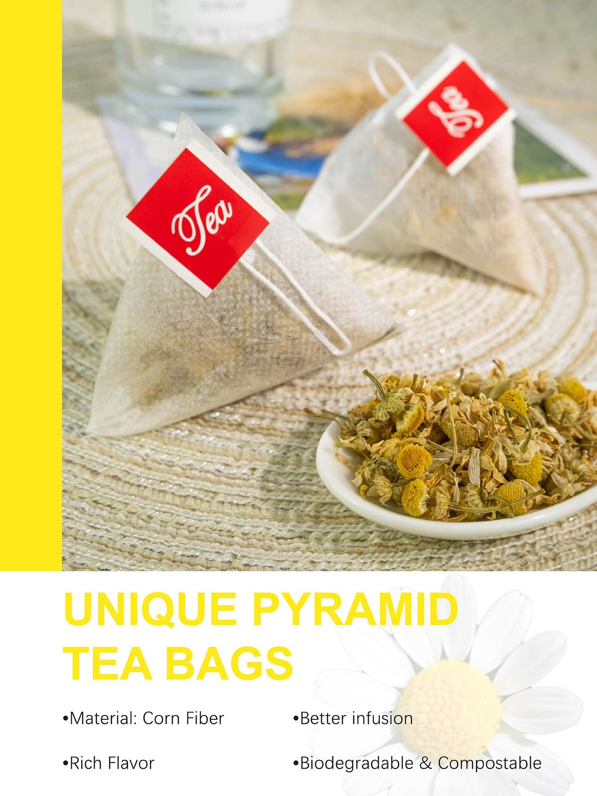 TeeLux corn fiber tea bag indicates sustainable materials and easy disposal.