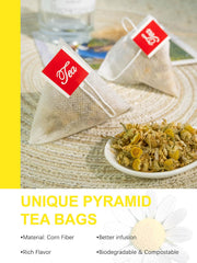 TeeLux corn fiber tea bag indicates sustainable materials and easy disposal.