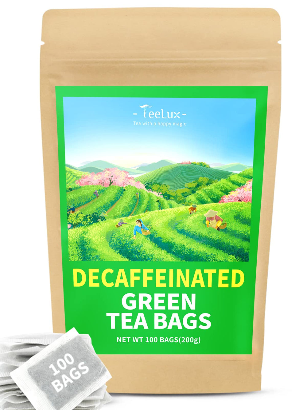 TeeLux decaf green tea bags in packaging, highlighting eco-friendly non-GMO fibers.