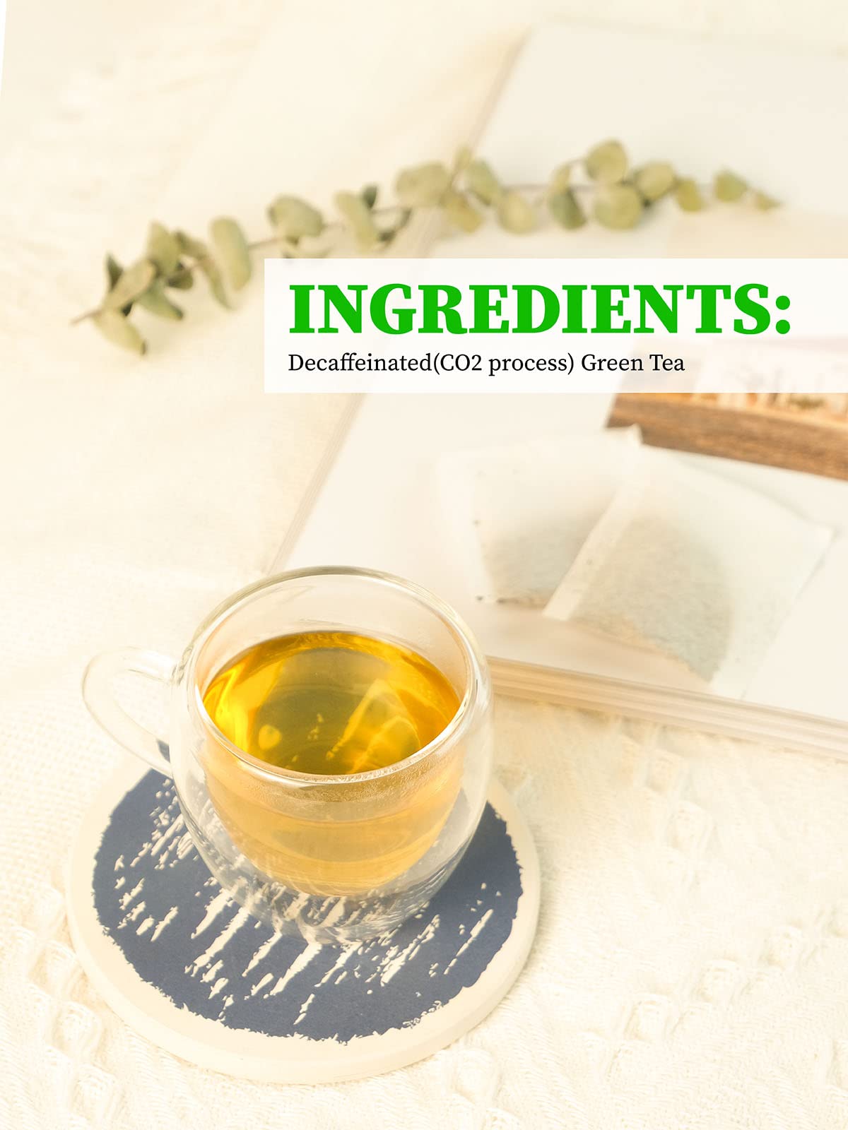 Iced TeeLux decaf green tea in glass, a refreshing all-day option.