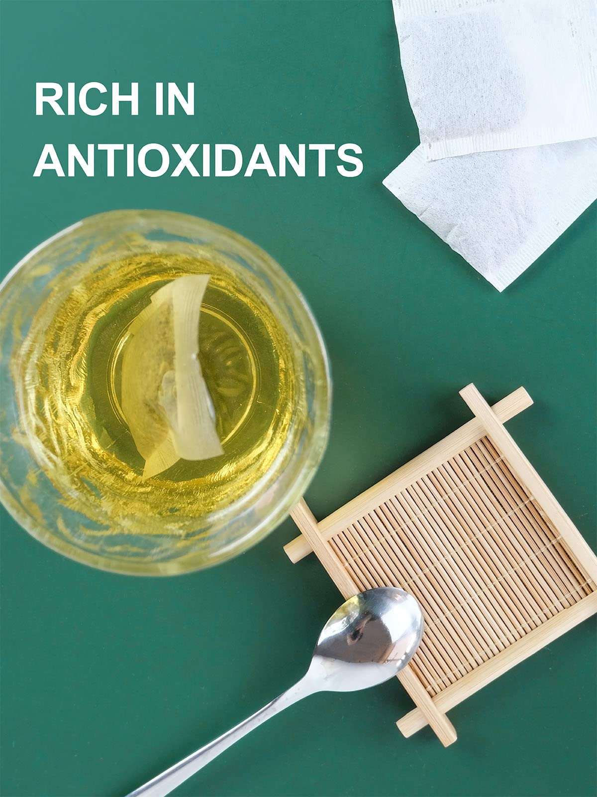 Teelux green tea antioxidant badge visual suggests natural benefits
