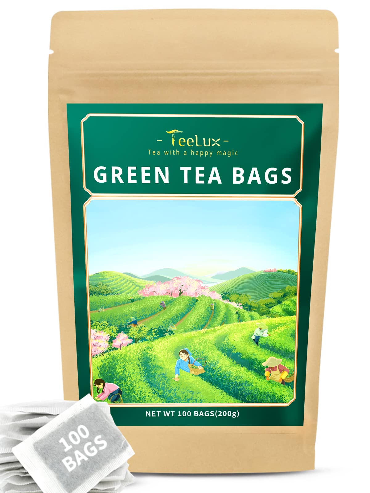 Teelux Green Tea Bags close-up highlights a delicate flavor and natural antioxidants