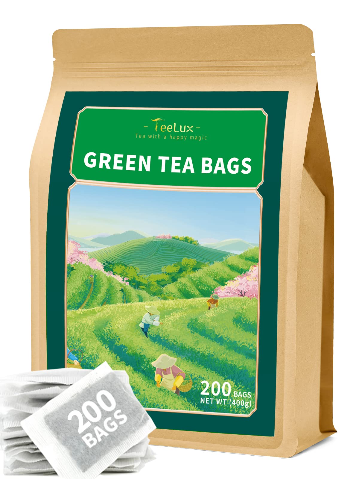 Teelux Green Tea Bags packaging showcases eco-conscious design for everyday refreshment.