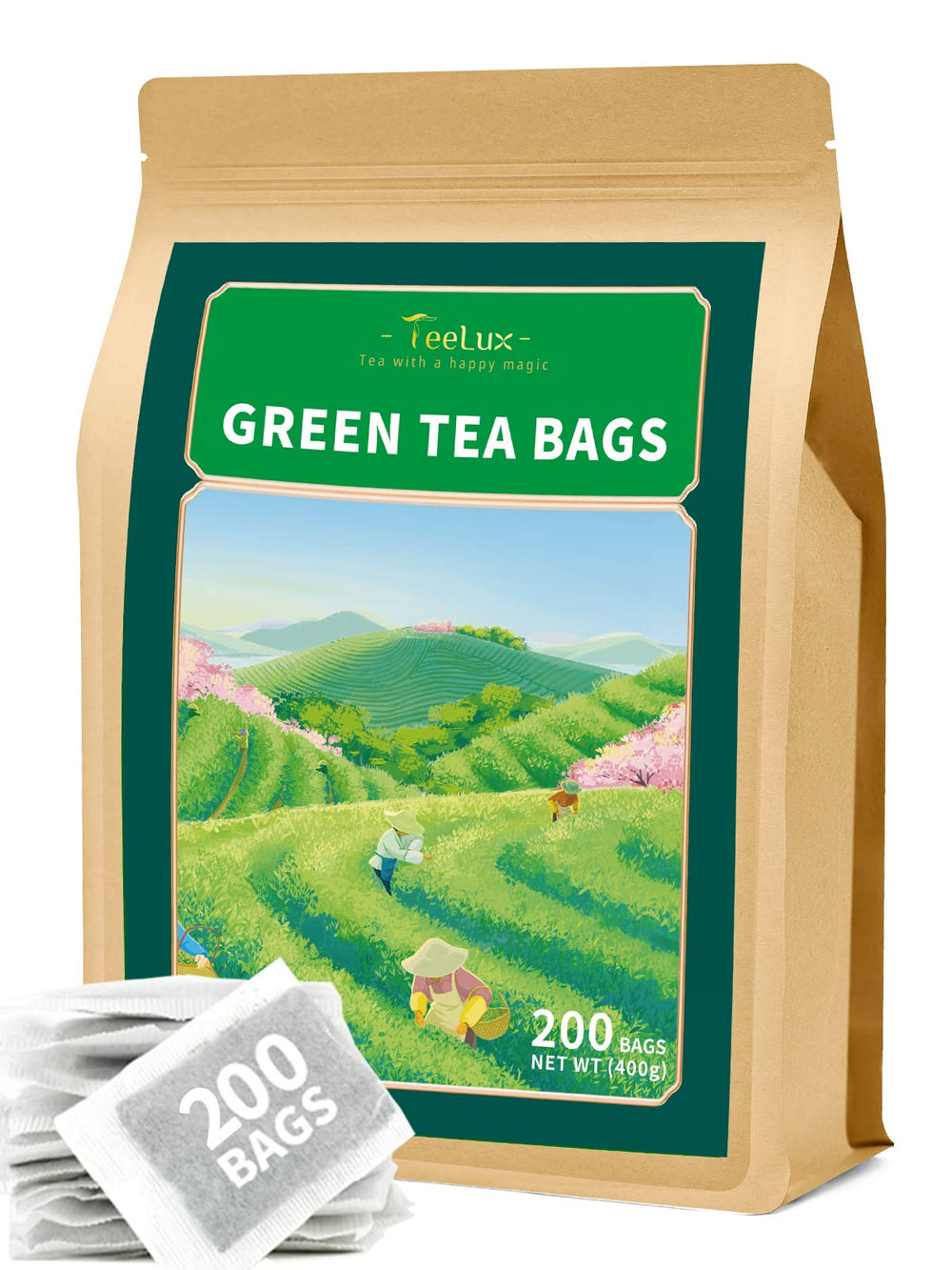 Teelux Green Tea Bags packaging showcases eco-conscious design for everyday refreshment.