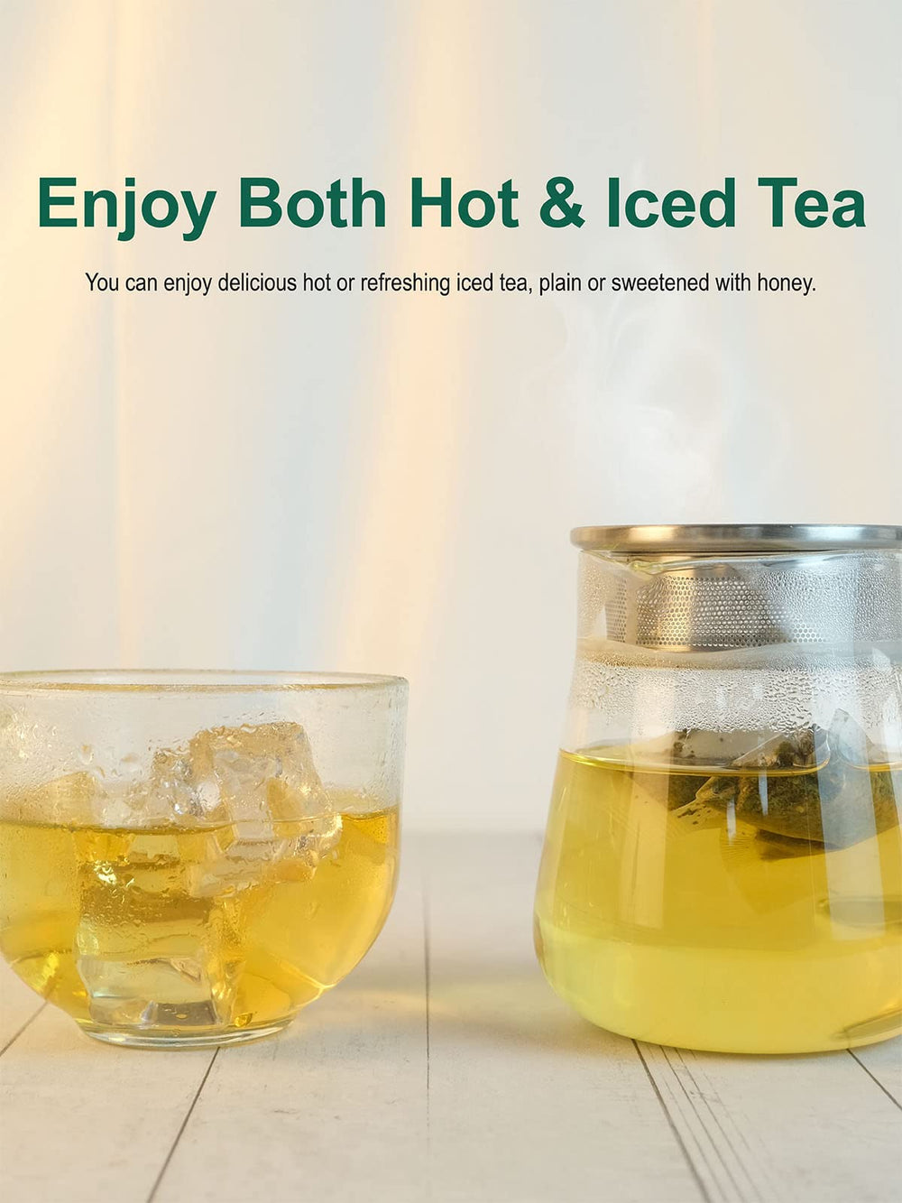 Teelux green tea cup with steam hints caffeine lift