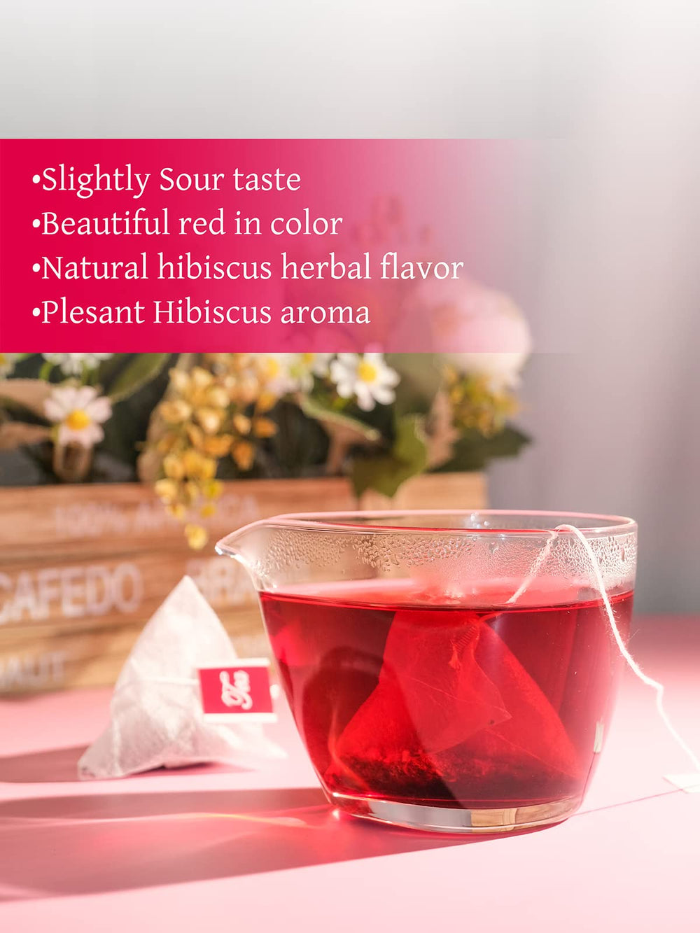 Closeup of hibiscus flowers in Teelux tea bags suggests natural flavor.