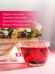 Closeup of hibiscus flowers in Teelux tea bags suggests natural flavor.
