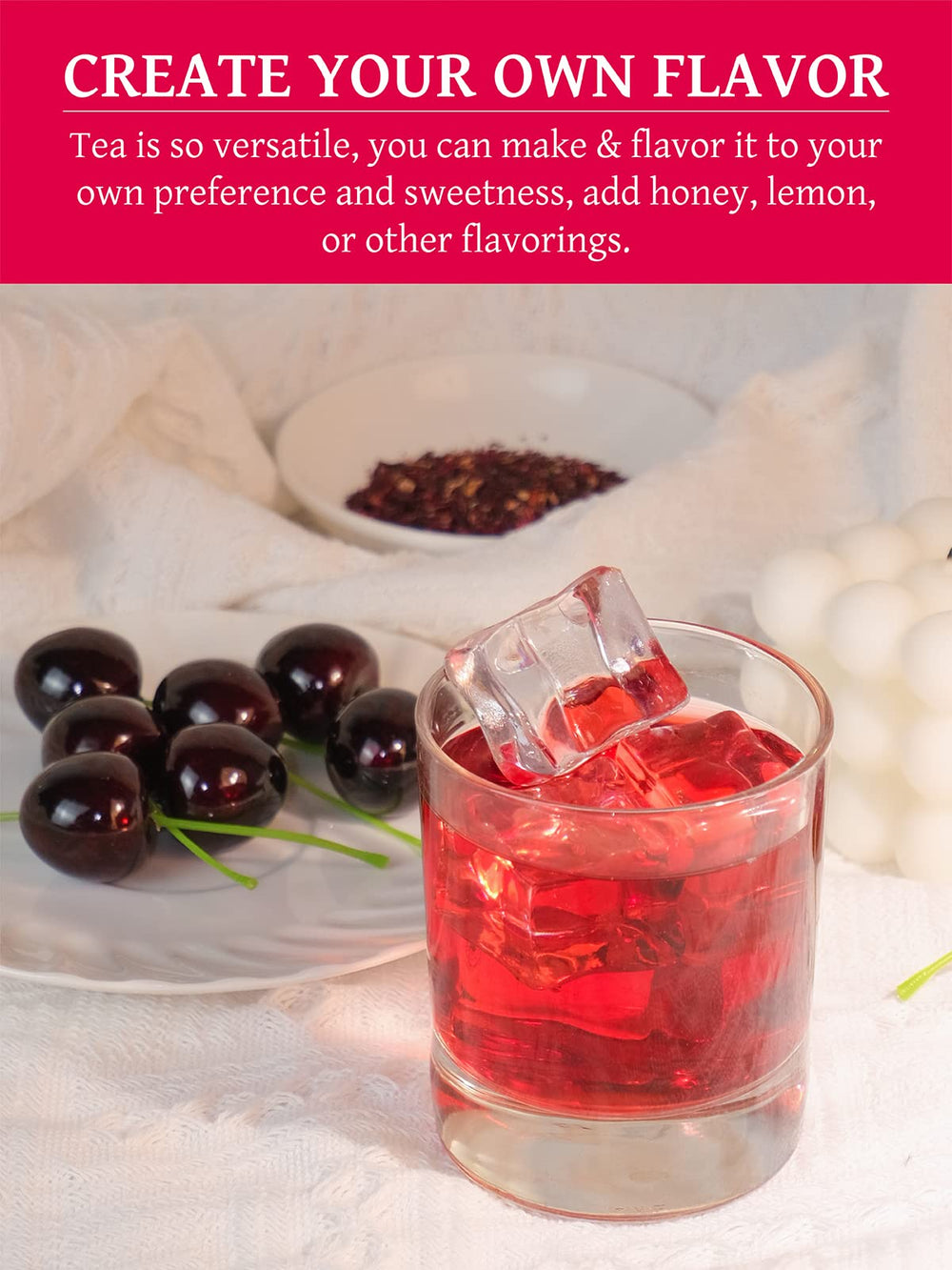 Colorful brew: Teelux Hibiscus tea bags color drinks with a bold hue.