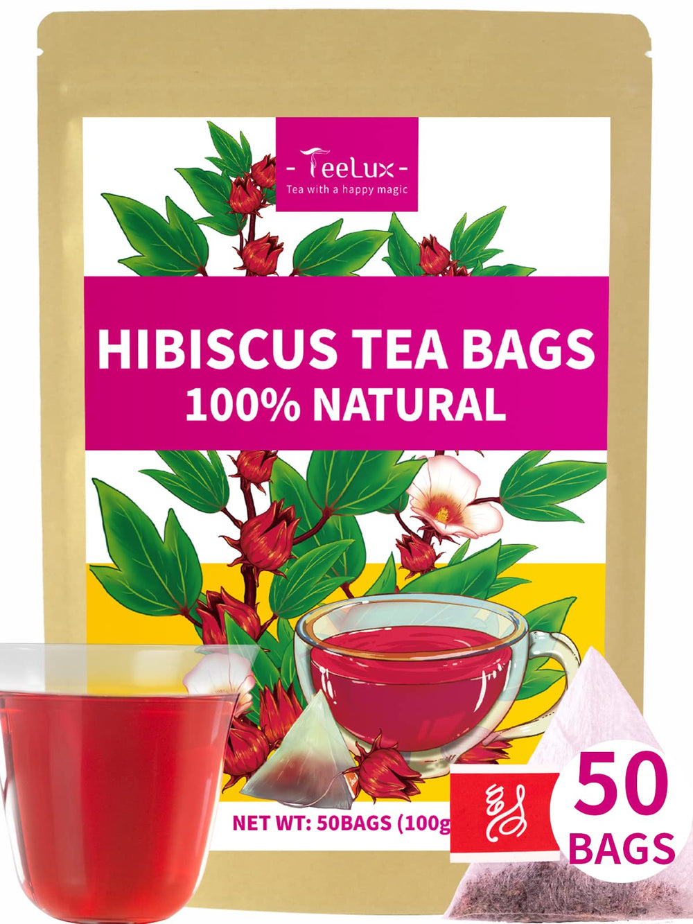 Teelux Hibiscus tea bags in eco packaging highlight compostable bags.