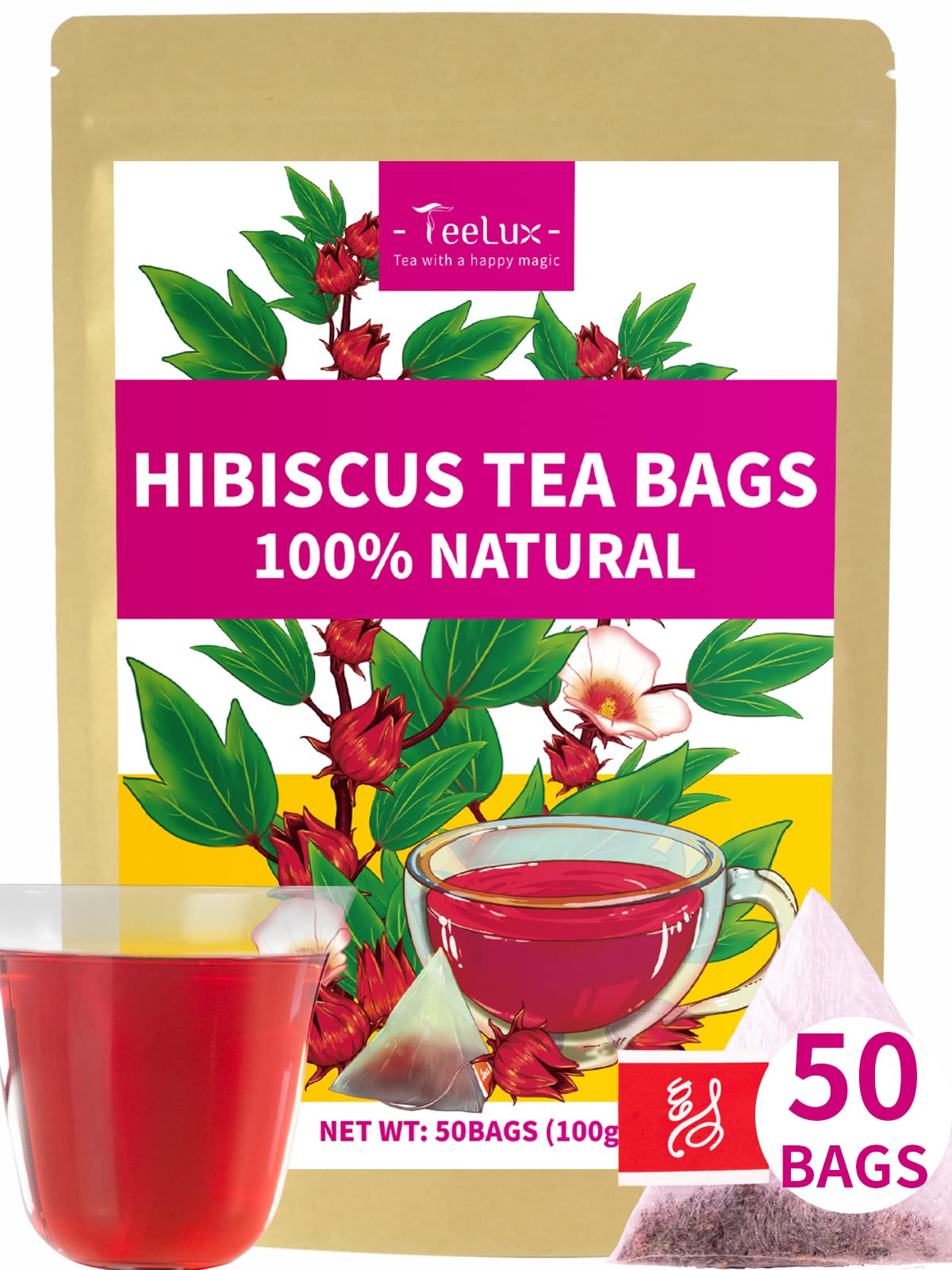 Teelux Hibiscus tea bags in eco packaging highlight compostable bags.