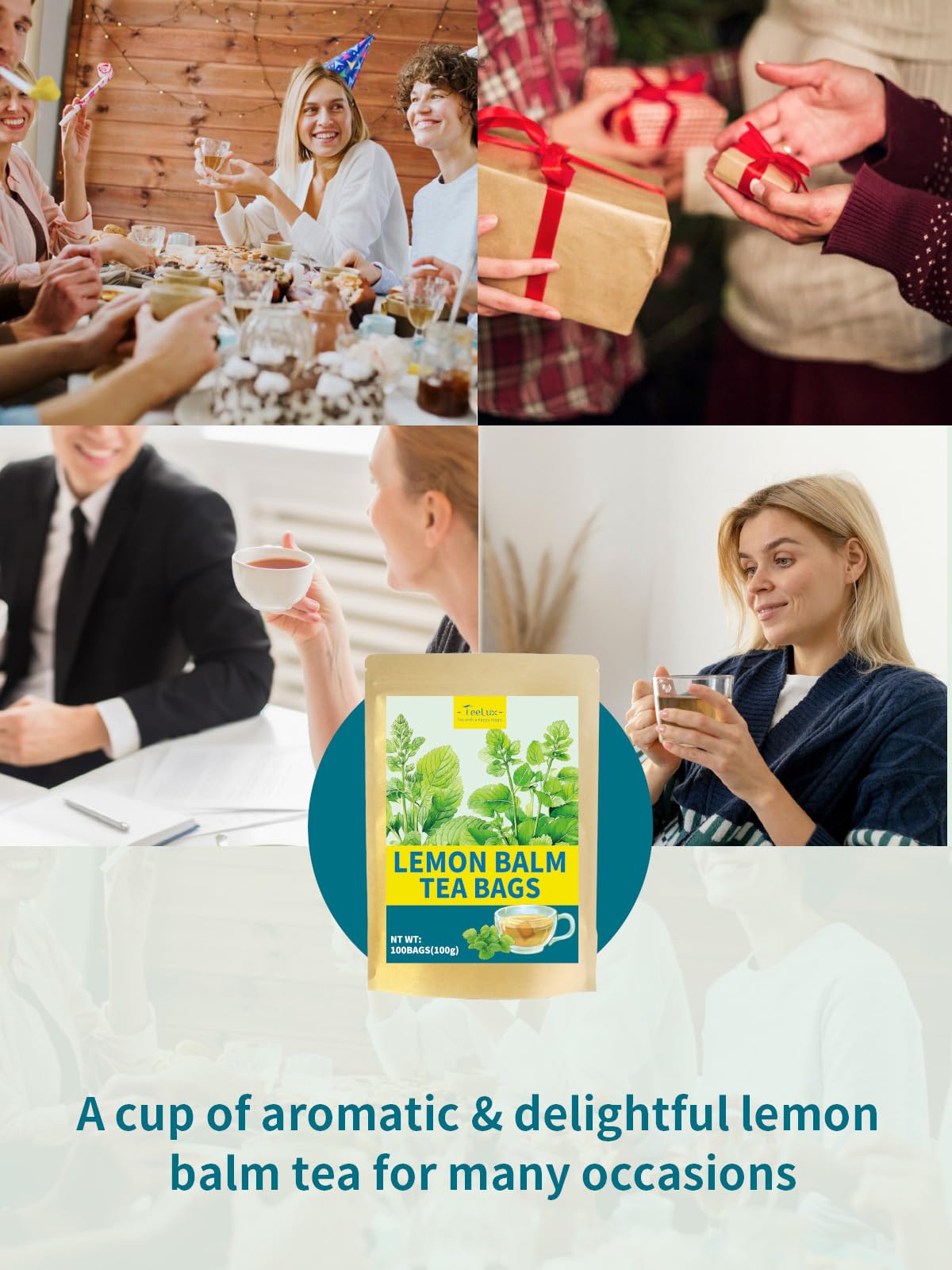 TeeLux Lemon Balm Tea Bags compostable packaging and non-GMO materials.