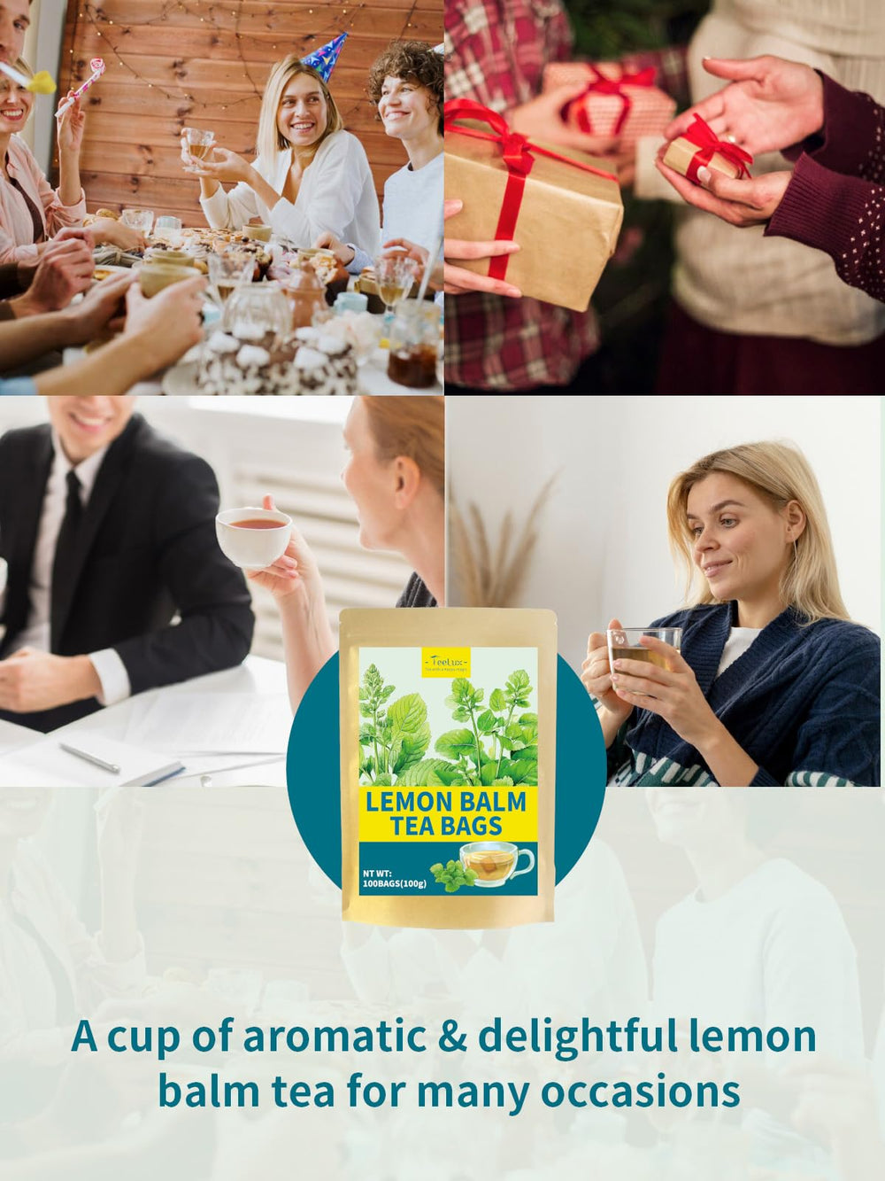 TeeLux Lemon Balm Tea Bags compostable packaging and non-GMO materials.